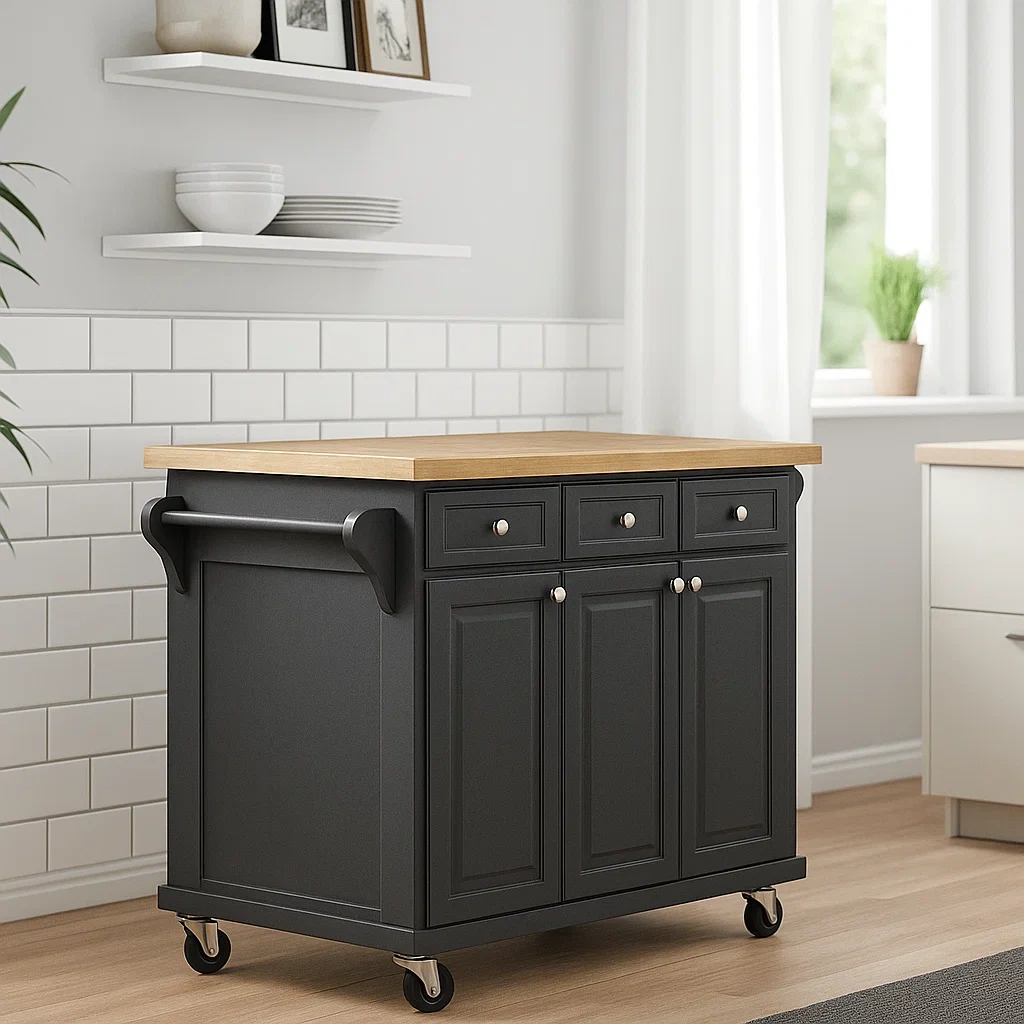 Isla cocina rectangular,con cajones y puertas,madera color negro y natural,con ruedas,130x70x90 cm,para cocina doméstica. - 3MBcGYcStAcE