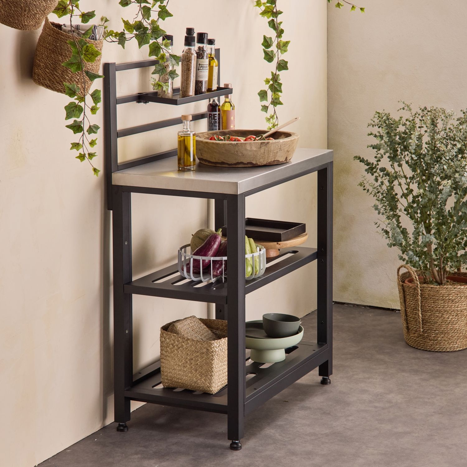 Cocina Exterior De Acero 2 Estantes, 80cm, Negro