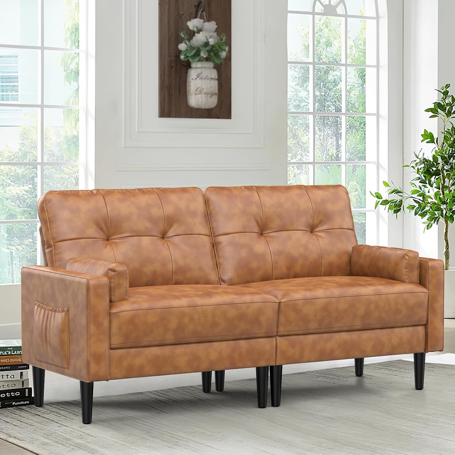 Aotumm Ciort Sofa 2 Plazas, Sofá Moderno con Cojines Gruesos, 2 Almohadas, Cómodo Sofá de Cuero con 2 Bolsillos de Almacenamiento para Sala de Estar/Dormitorio/Oficina, Sofá Pequeño (Marrón)