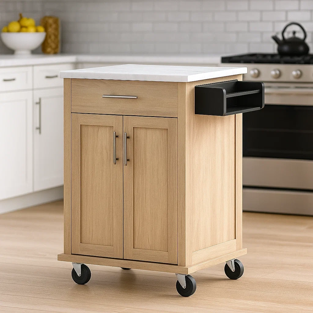 Isla cocina,diseño con ruedas,material madera y MDF,color beige,con 1 cajón y 2 puertas,tamaño 80x40x85 cm,con estante adicional,uso para almacenamiento en cocina - uPkTCt1Ta8Yt