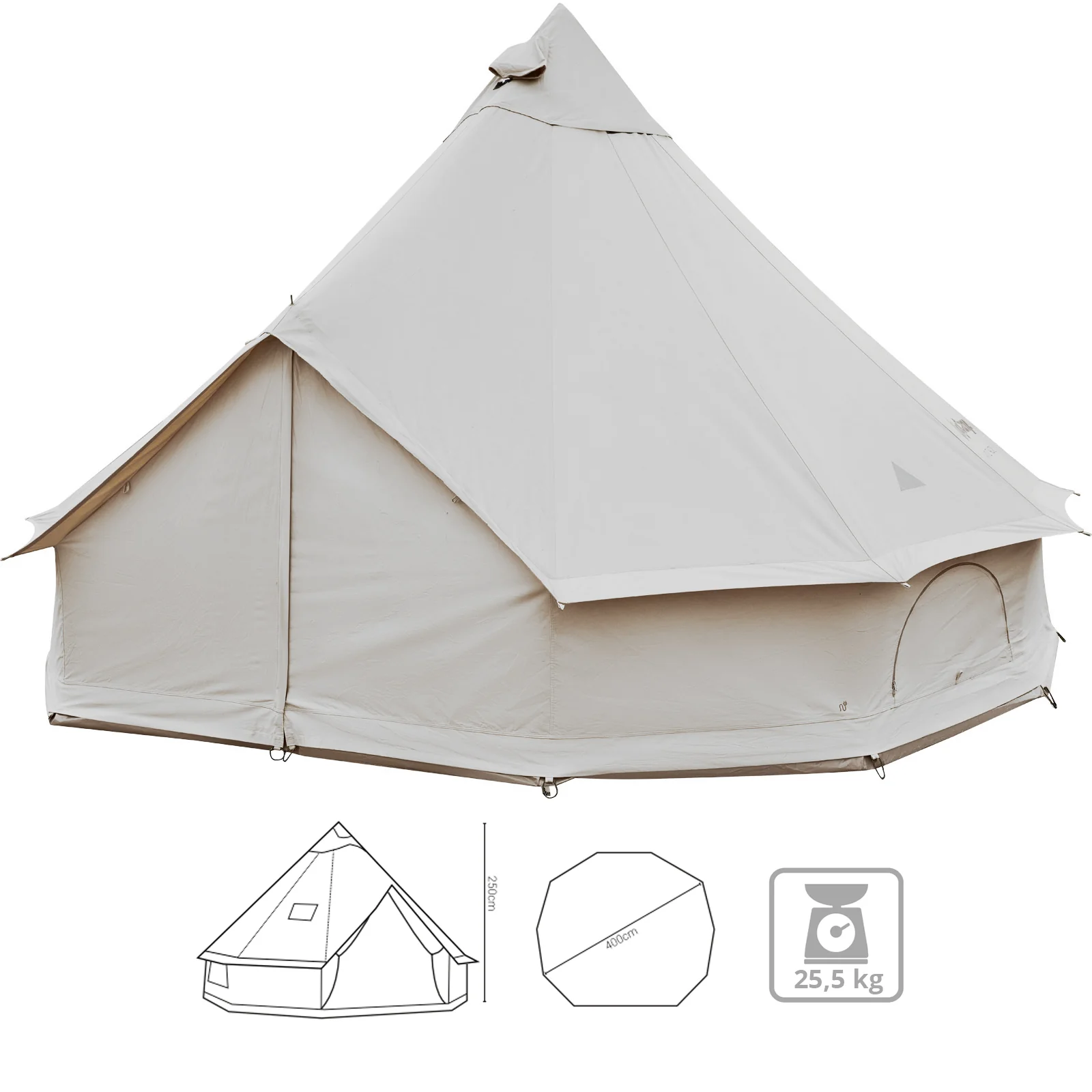 2025 KingCamp Khan 400 C – Tienda muy espaciosa para hasta 6 personas con forma clásica redonda de tipi, que aporta un encanto especial de glamping