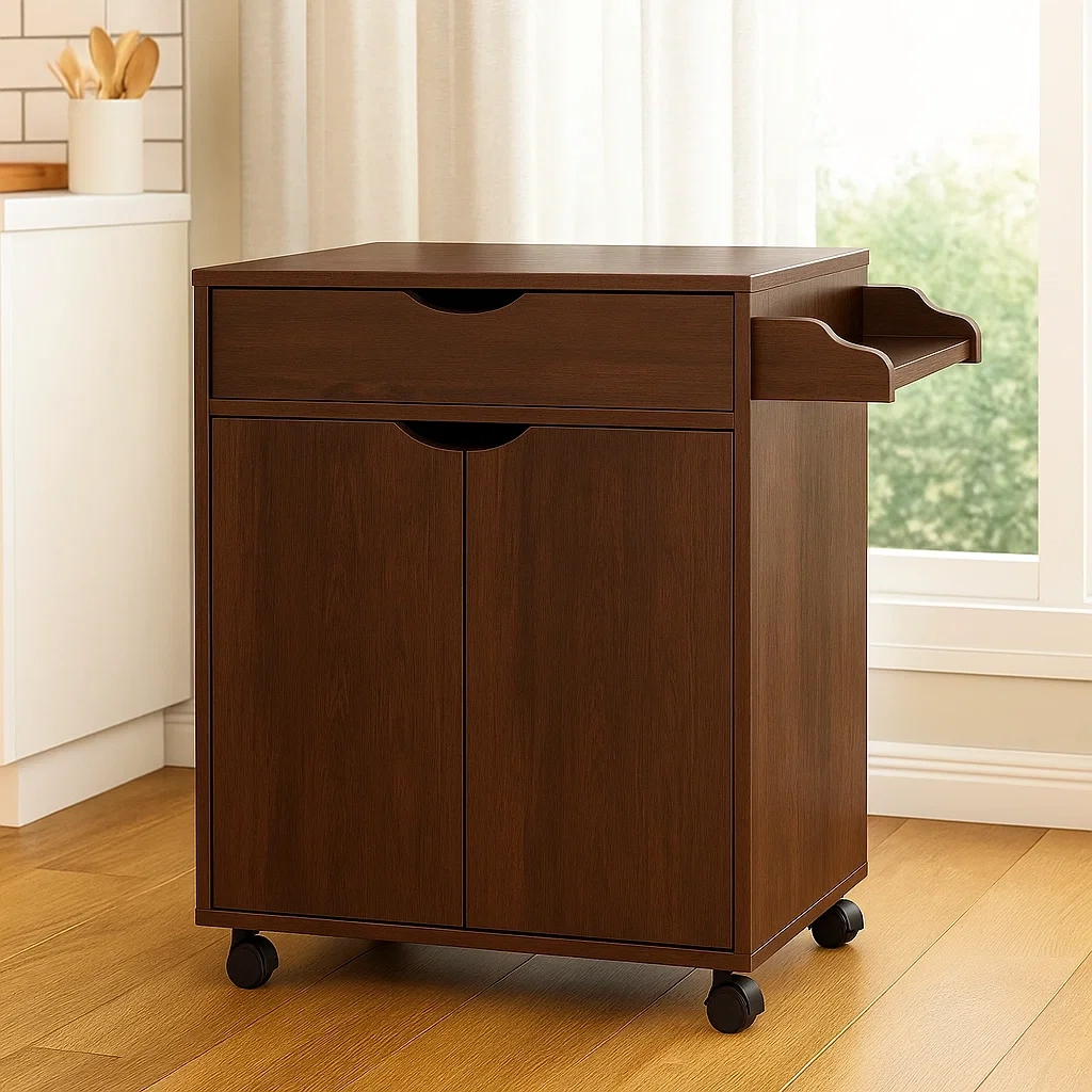 Isla cocina compacta,con ruedas y cajón de madera MDF,color marrón oscuro,instalación independiente,60x40x85 cm,uso doméstico. - 5rkcTkLbbY3A