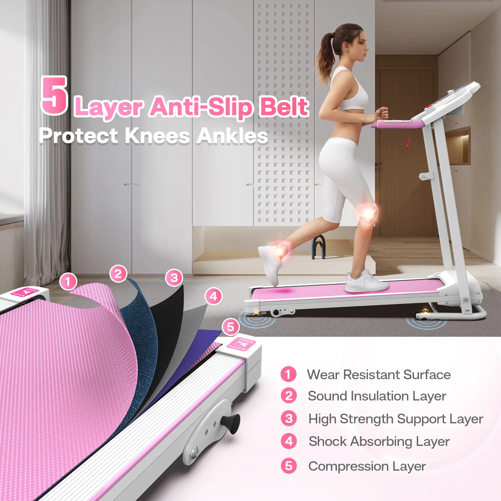 Cinta de correr plegable FYC para el hogar. 2.5 HP. velocidad hasta 12 km/h. motor eléctrico sin escobillas silencioso Proform para gimnasio en casa. tapiz con sensor de frecuencia cardíaca y pantalla LED (rosa)
