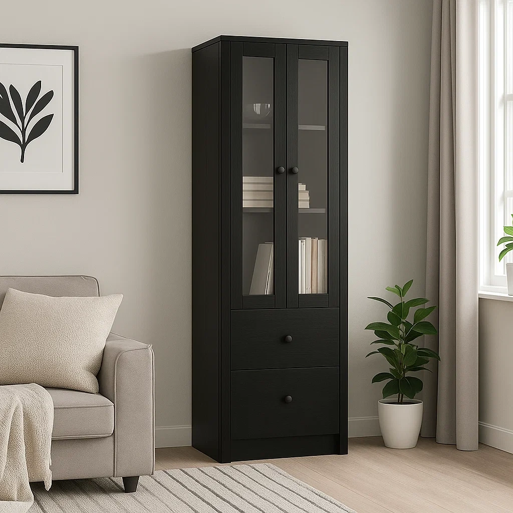 Vitrina con puertas de vidrio y 2 cajones,estructura de madera,color negro,instalación independiente,para oficina o sala de estar,60x40x180 cm - aAs8OJyUH5j6