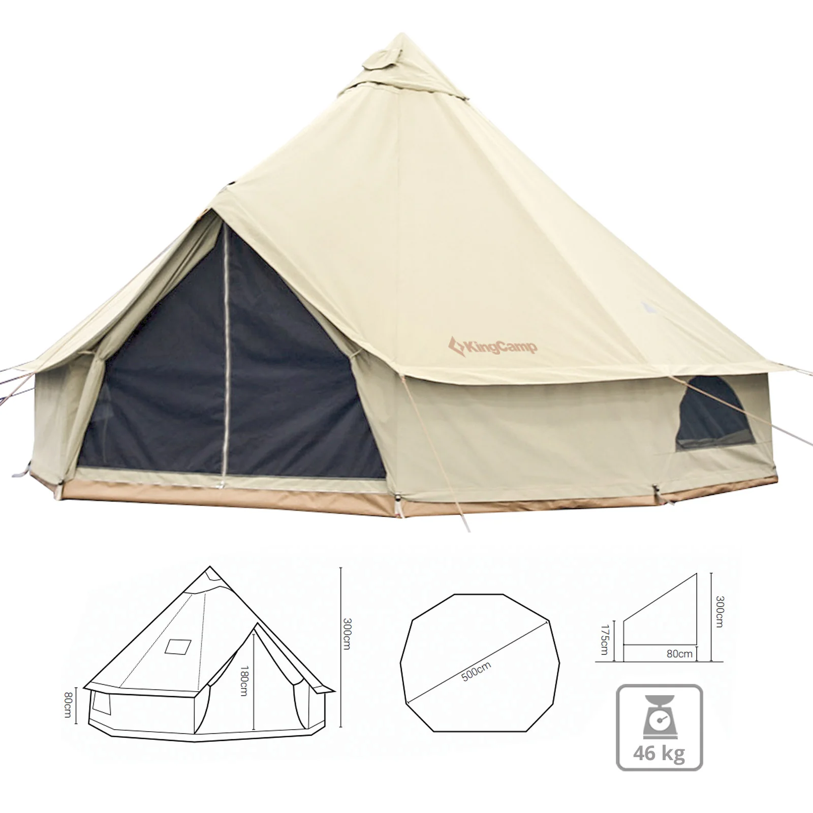 2025 KingCamp Khan 500 – Tienda espaciosa para 8 personas en forma de tipi con tejido técnico de mezcla de algodón. ventilación flexible y montaje rápido