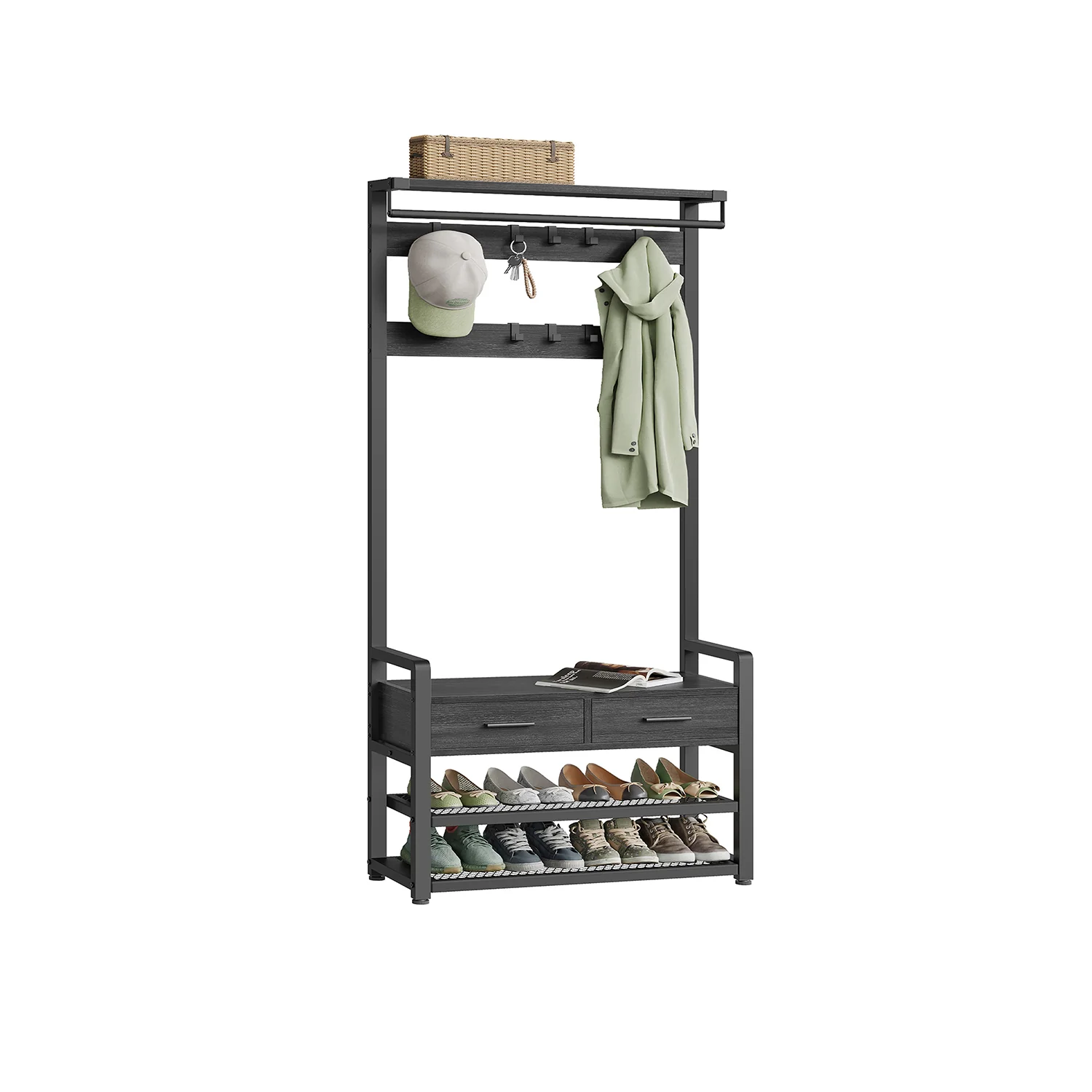 Perchero Recibidor con Ganchos Extraíbles Cajones Banco Zapatero