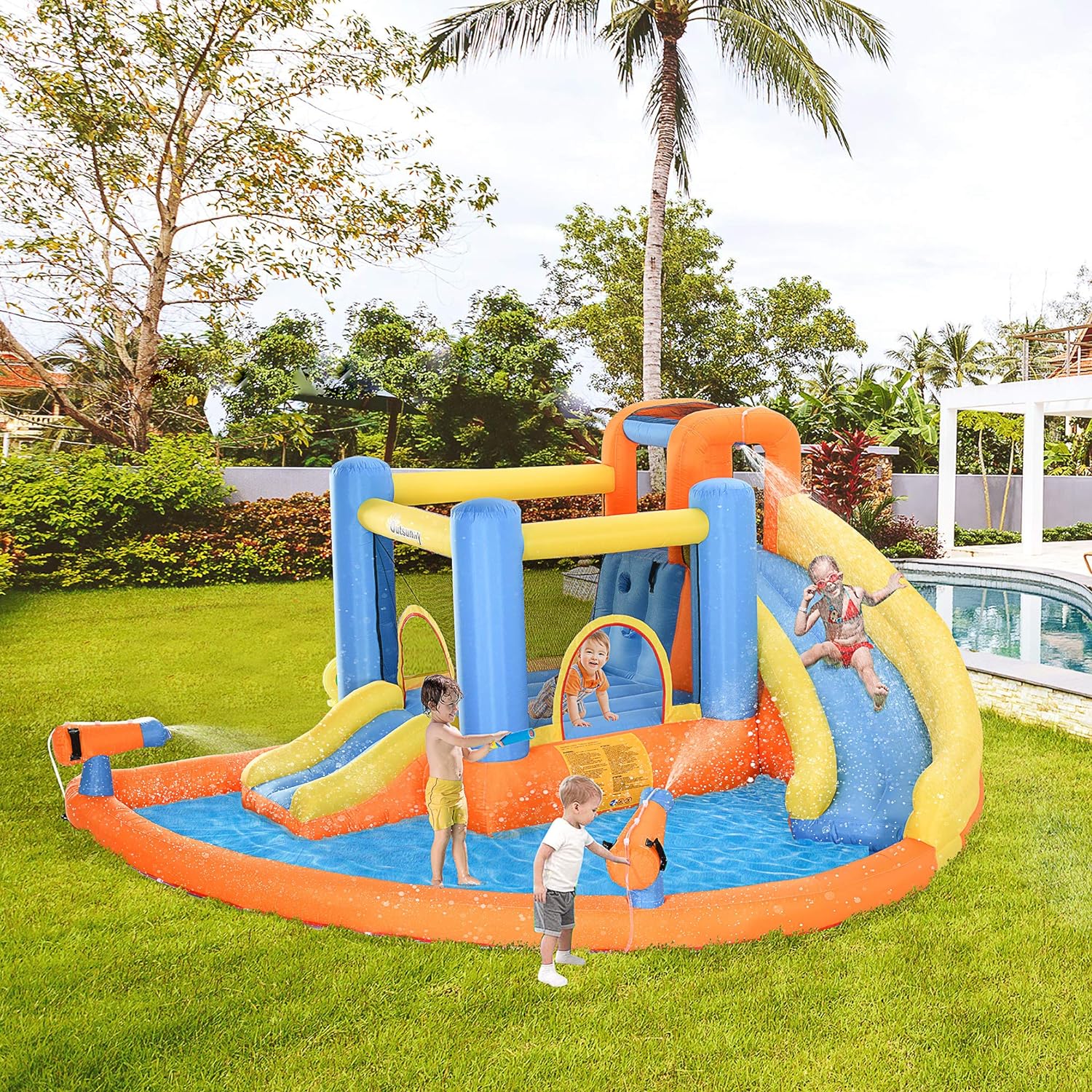 Tobogán de Agua Inflable para Niños 5 en 1 con Castillos Inflables, Piscina de Agua, Tobogán, Paredes para Escalar y 2 Cáñones de Agua, Soplador de Aire de 450W