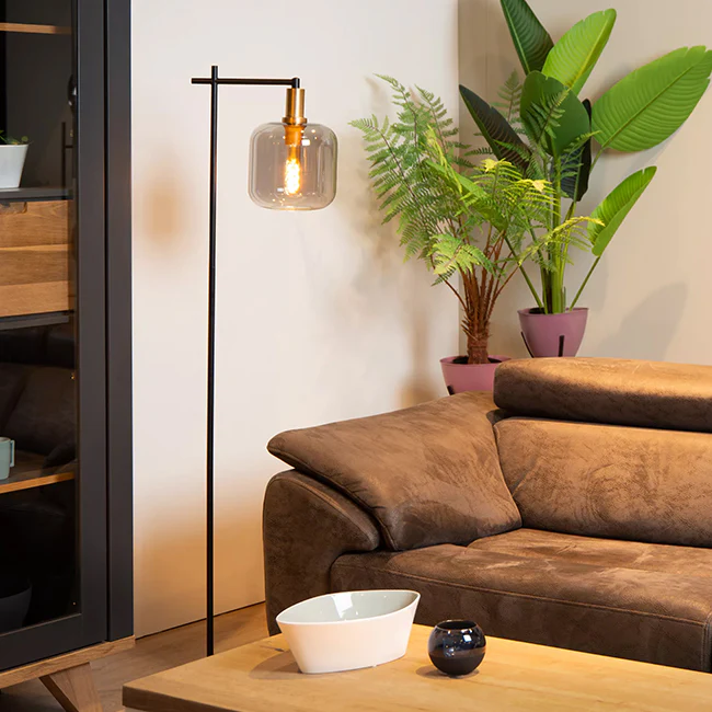 2025 Lámpara de pie acero y vidrio ahumado negro, base larga 31x150 cm E27 - LULP0068