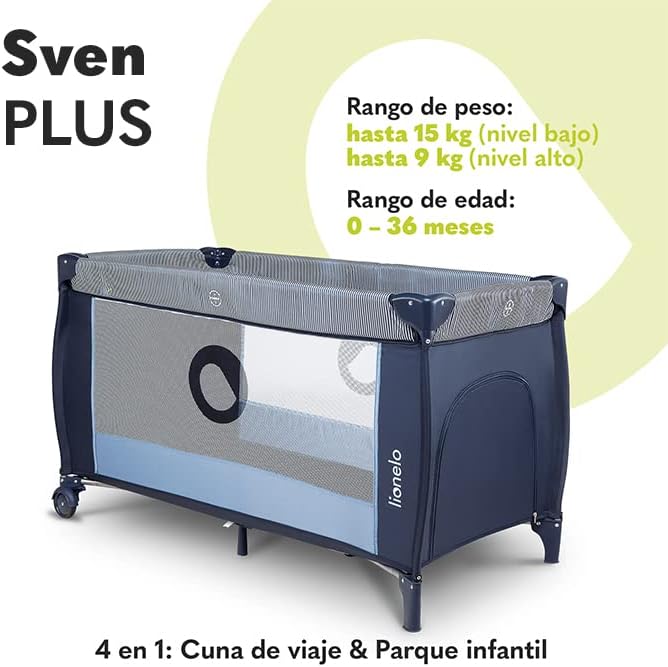 lionelo Sven Plus 2en1 Cuna de Viaje y Parque de bebés 0-36M para niños hasta 15 kg Función de Cambiador Mosquitero Apertura Lateral con Cremallera Ajuste de Altura Gris y Turquesa