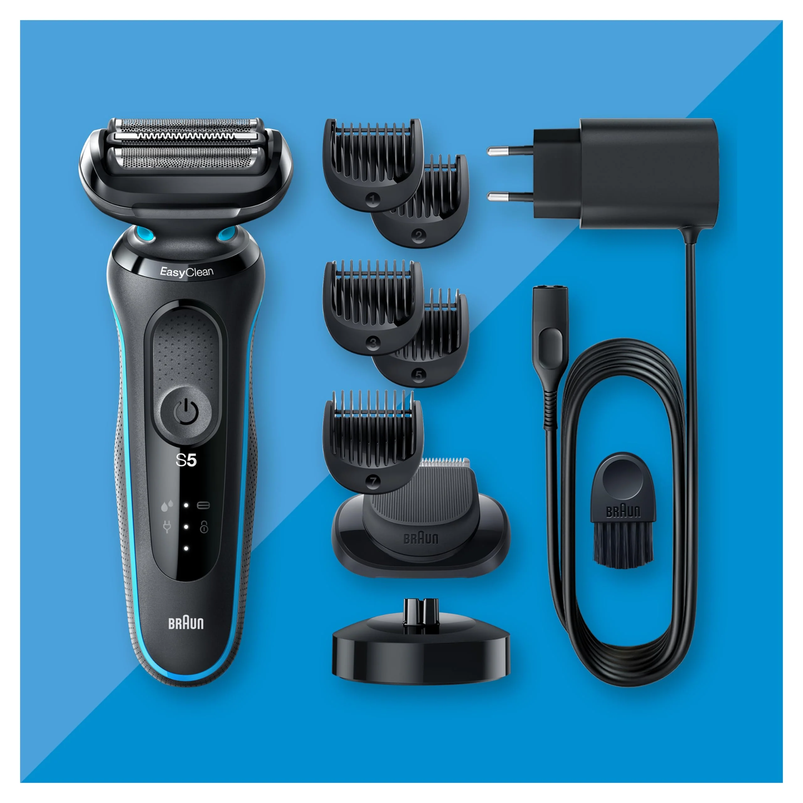 Braun Series 5 Afeitadora Eléctrica Hombre. Máquina de Afeitar Barba con Cabezal y Cuchillas Flexibles. Accesorio Cortabarba Incluido y Base De Carga. Impermeable y Recargable. 51-M4500cs. Gris/Azul