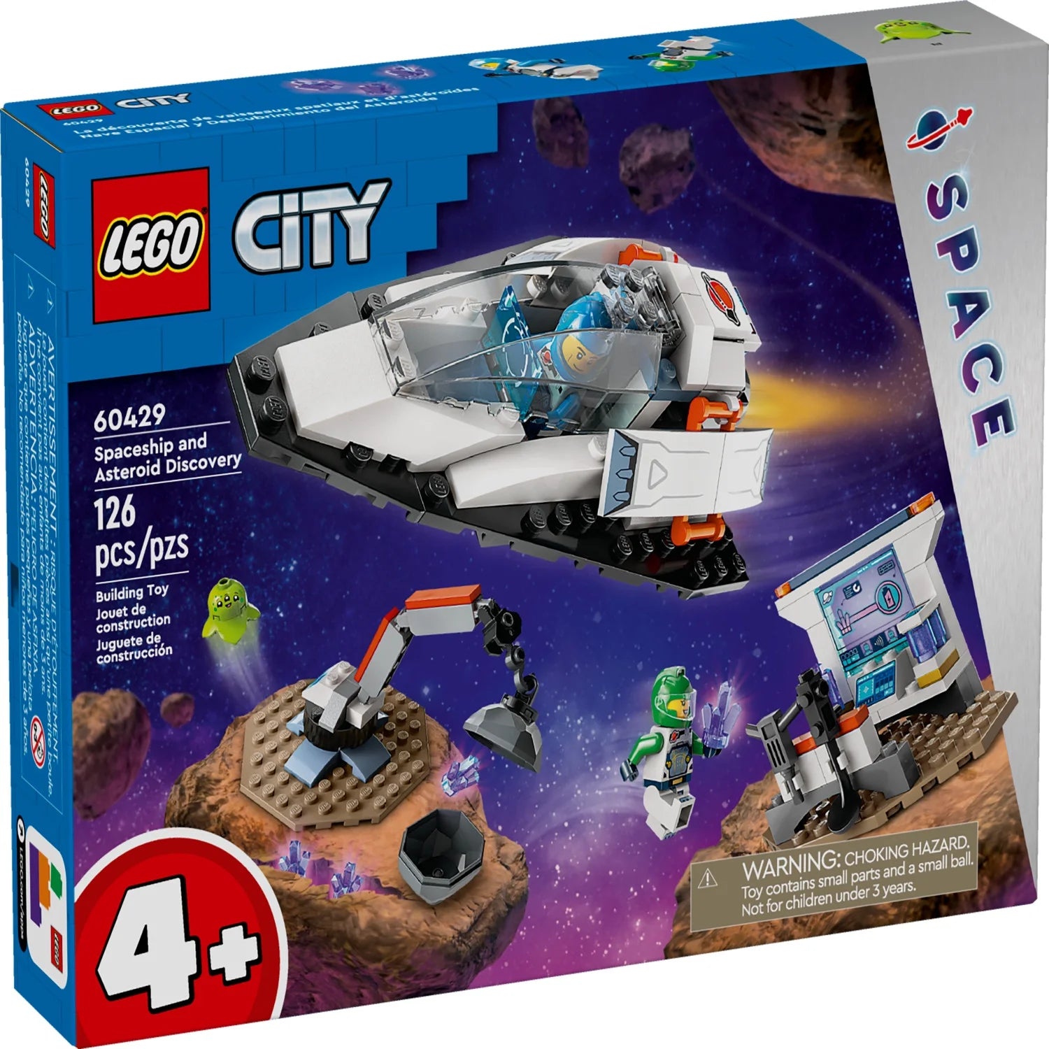 LEGO City Nave Espacial y Descubrimiento de Asteroides, Set de Construcción de Juguete, Regalo para Niños de 4 Años en Adelante que Aman el Juego de Imaginación, Incluye 2 Minifiguras de la Tripulación Espacial, Alienígena, Cristales y Juguete de Grú