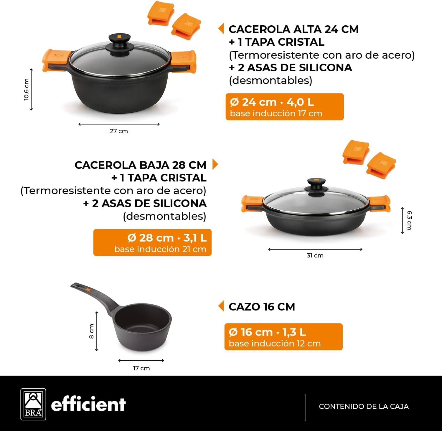 BRA Efficient 9-Piece Non-Stick Cast Aluminium Battery, Suitable for All Types of Cookers and Induction (Contains 4 Saucepans and 1 Saucepan + 4 Lids)