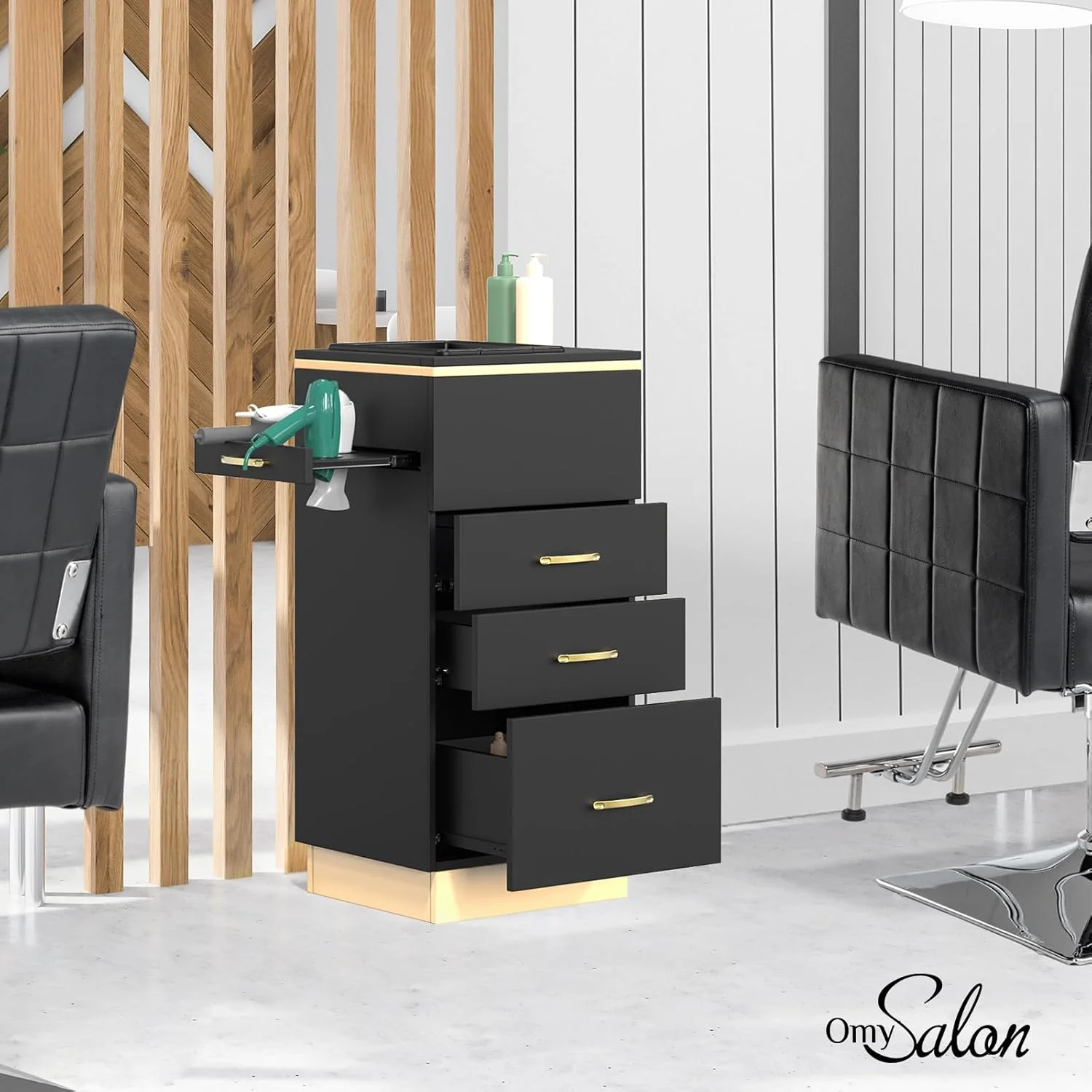 OmySalon Estación de Almacenamiento para Salones – Mueble de Peluquería con 3 Cajones, Compartimento de Almacenamiento y 3 Soportes para Secadores – Color Oro Blanco