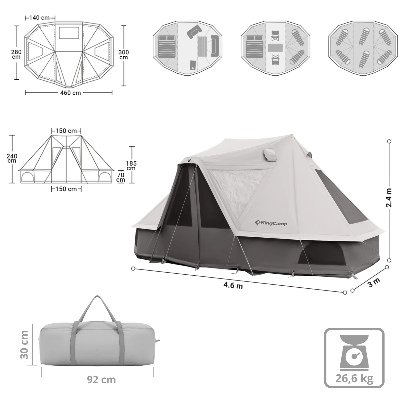 2025 KingCamp Khan Villa – Tienda de grupo glamping de lujo con 240 cm de altura interior. salida para chimenea y paredes laterales de malla para una ventilación óptima