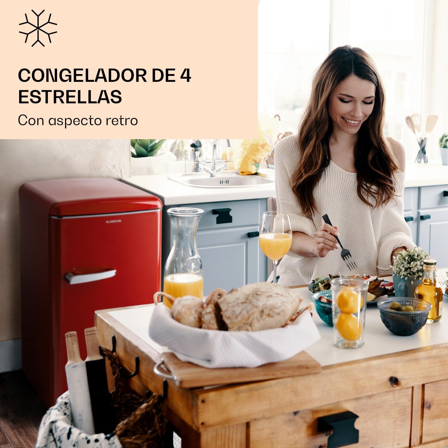 Klarstein Laika - Congelador, Termostato con 5 niveles, Temperaturas de 0 a -18 °C, 3 cajones extraíbles, CEE E, Capacidad de 60 L, Rojo