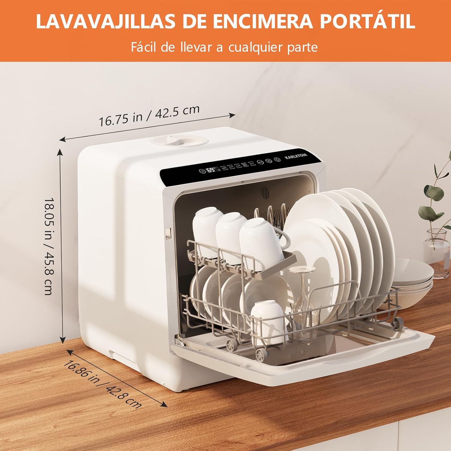 Lavavajillas de encimera, Mini Lavavajillas Portatil, Pantalla LED, 6 Programas, Dos modos de suministro de agua, Cuidado de Bebés y lavado de Fruta, 45 CM
