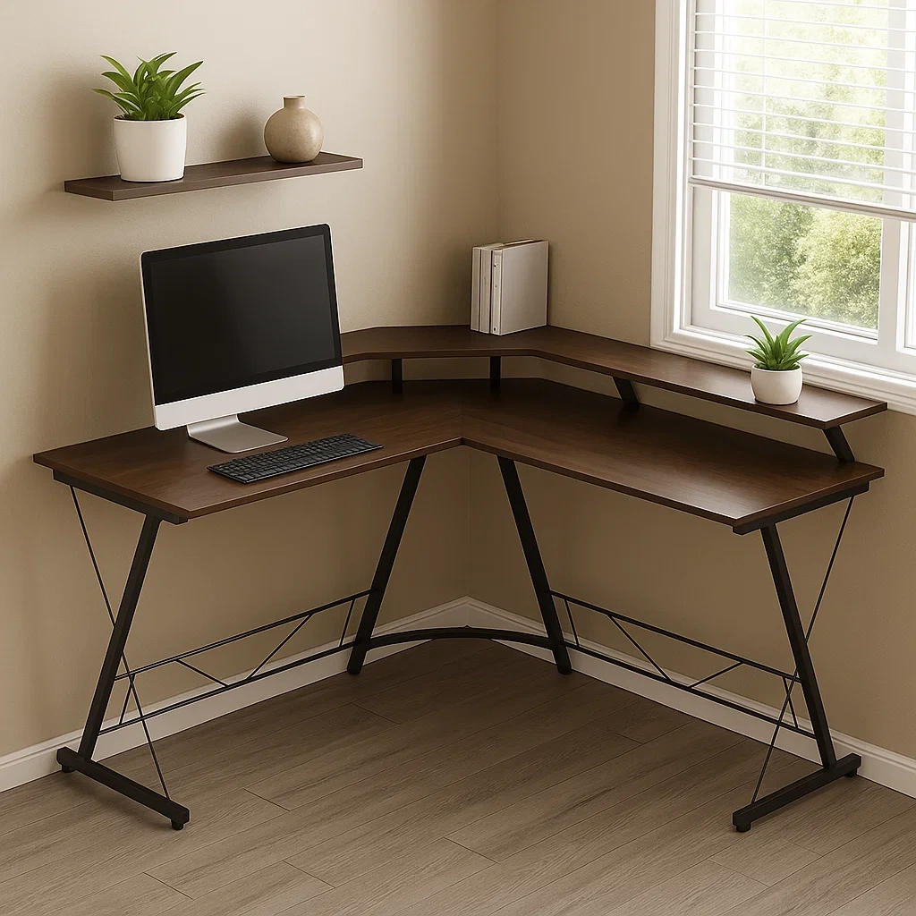 Escritorio para ordenador en forma de L con estructura metálica y superficie de madera,120x120x75 cm - iRyRqmM312bO