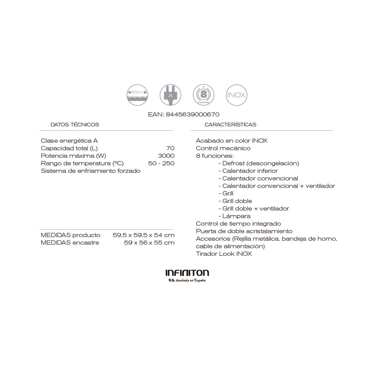 Infiniton Horno B698 - Horno Eléctrico Multifunción, Inox, 70 Litros, 3000w, 60cm De Alto, 8 Funciones, Doble Acristalamiento, Clase A