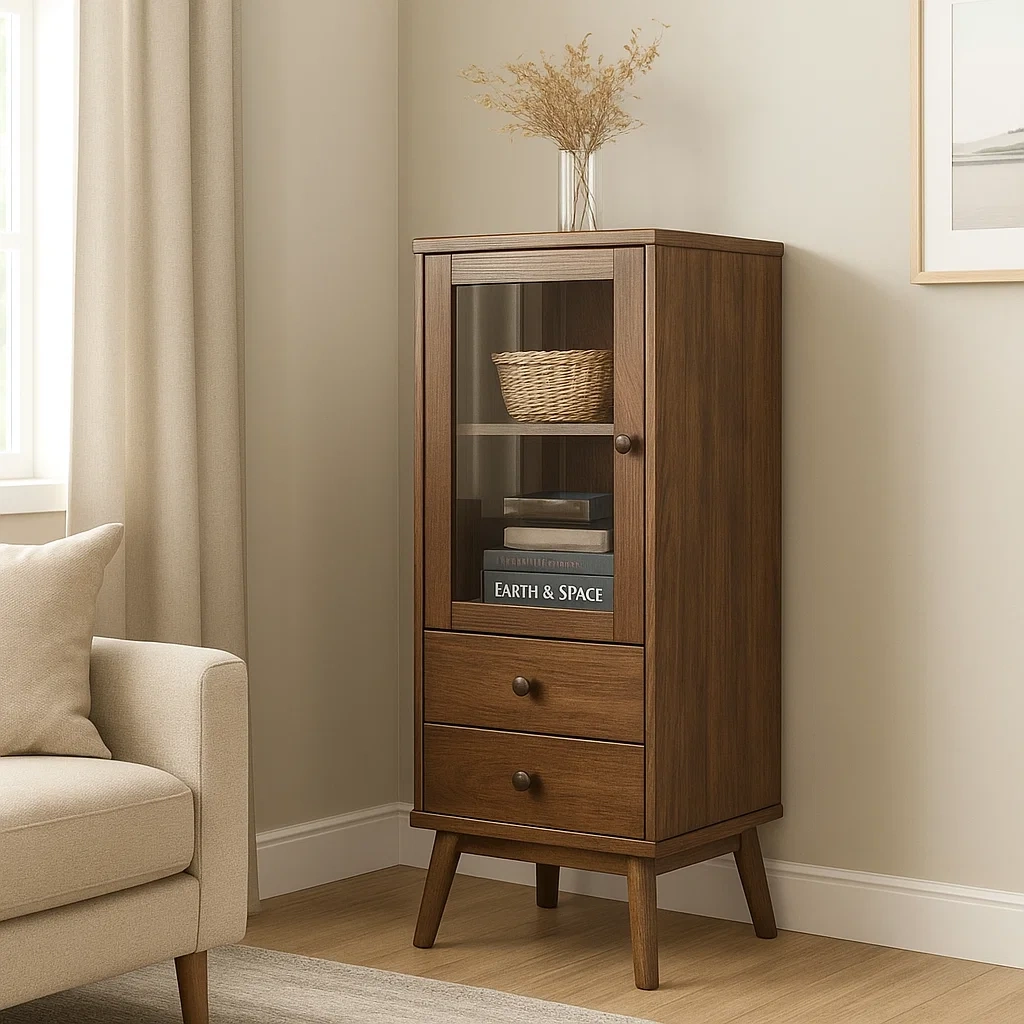 Vitrina,con puerta de vidrio y 2 cajones,tablero MDF,color nogal oscuro,instalación de pie,para salón o comedor,60x35x135 cm - tyBcLC2LD851