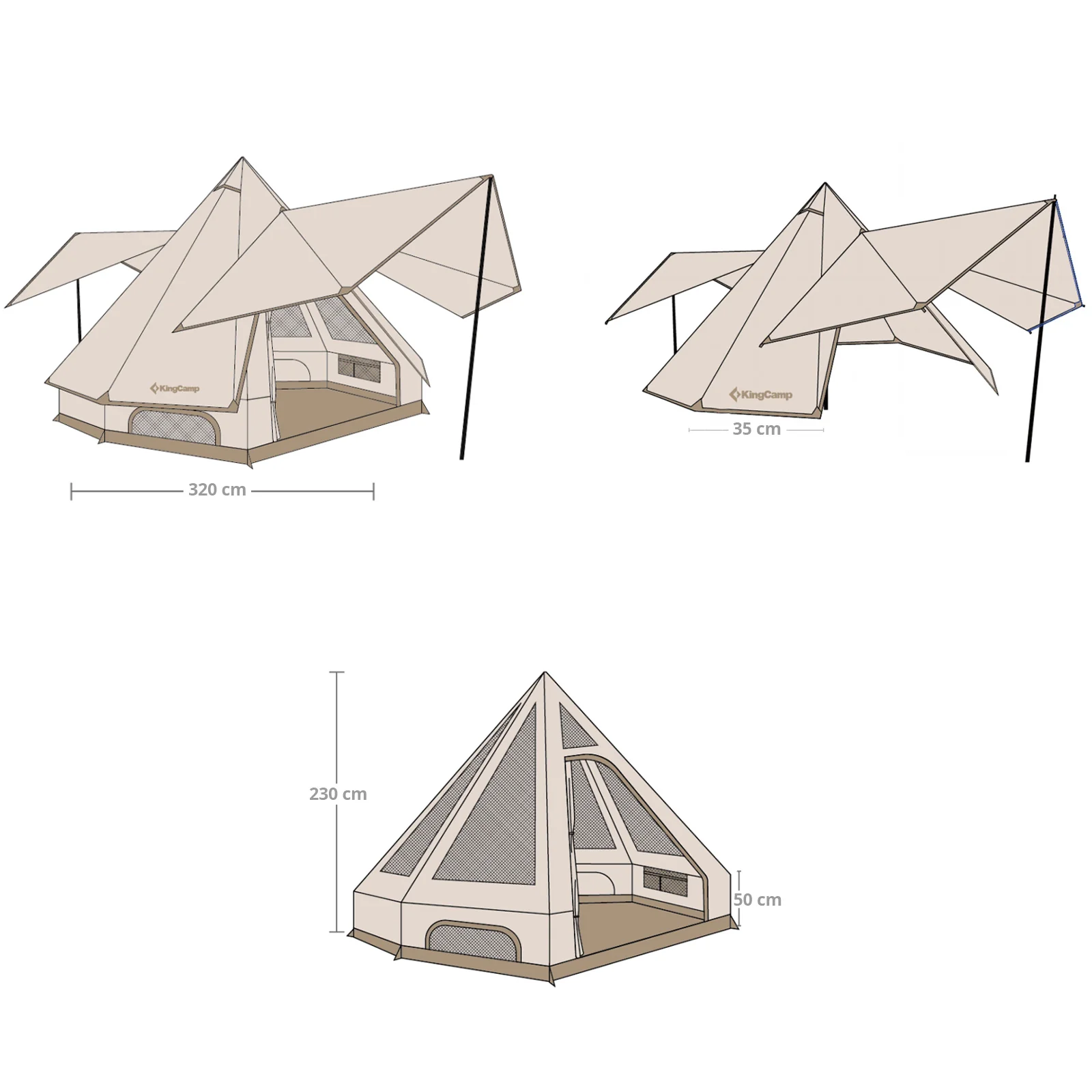 2025 KingCamp Dschingis 320 Light – Tienda tipi para 2 personas con 3,2 m de diámetro, 3000 mm de columna de agua y toldos solares modulares para glamping y festivales