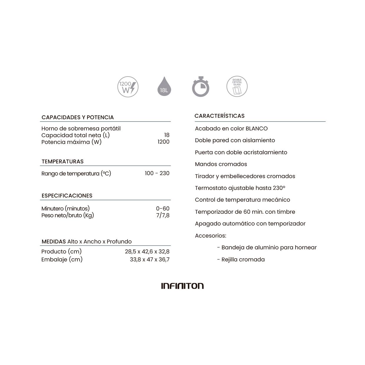 Infiniton Hsm-a18b – Horno Sobremesa, Blanco, 18l, 1200w, Doble Acristalamiento, Control De Temperatura, Temporizador 60 Min.