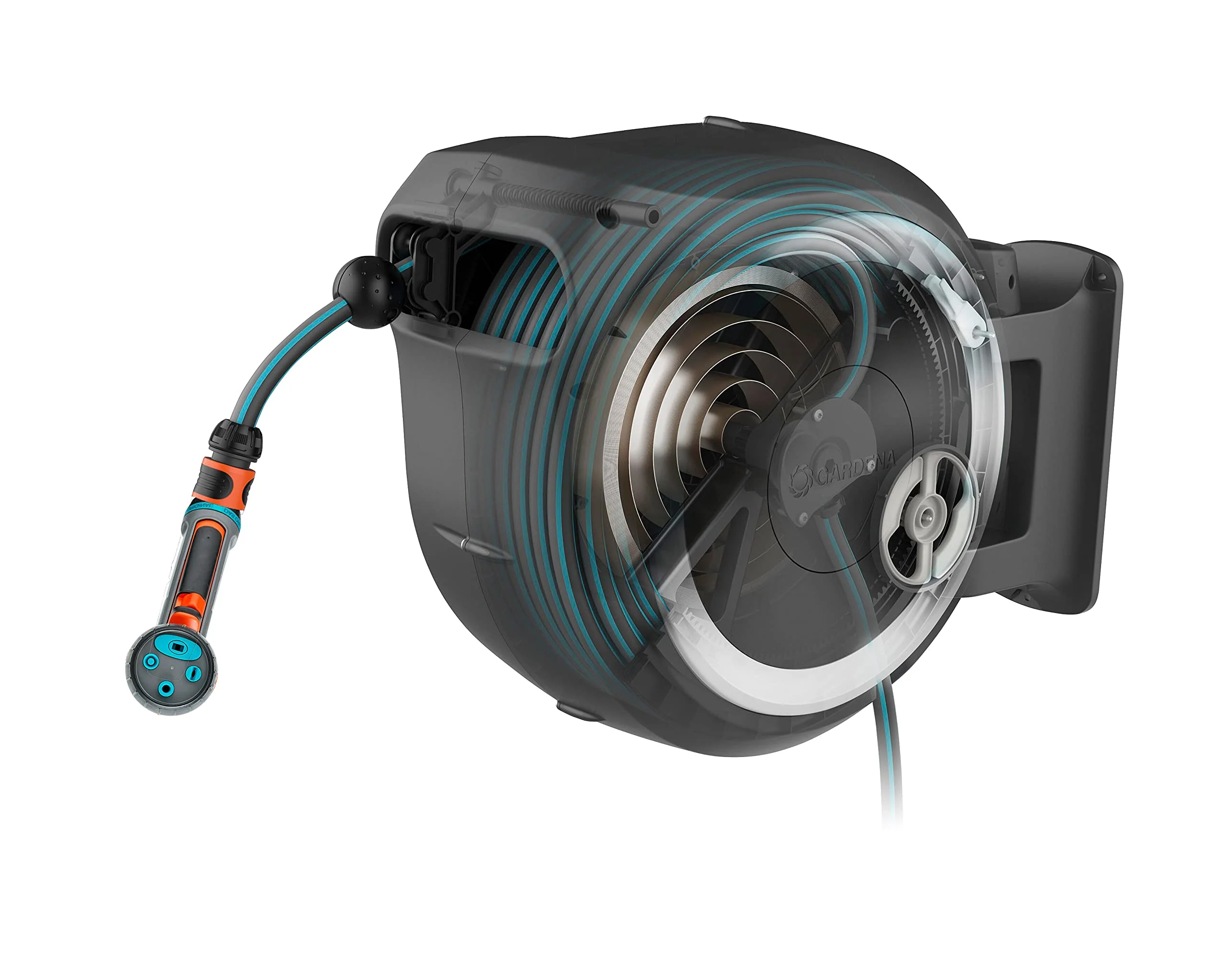 2025 Caja de manguera mural Gardena RollUp L (blanca) 30 m con pistola de limpieza ecoPulse