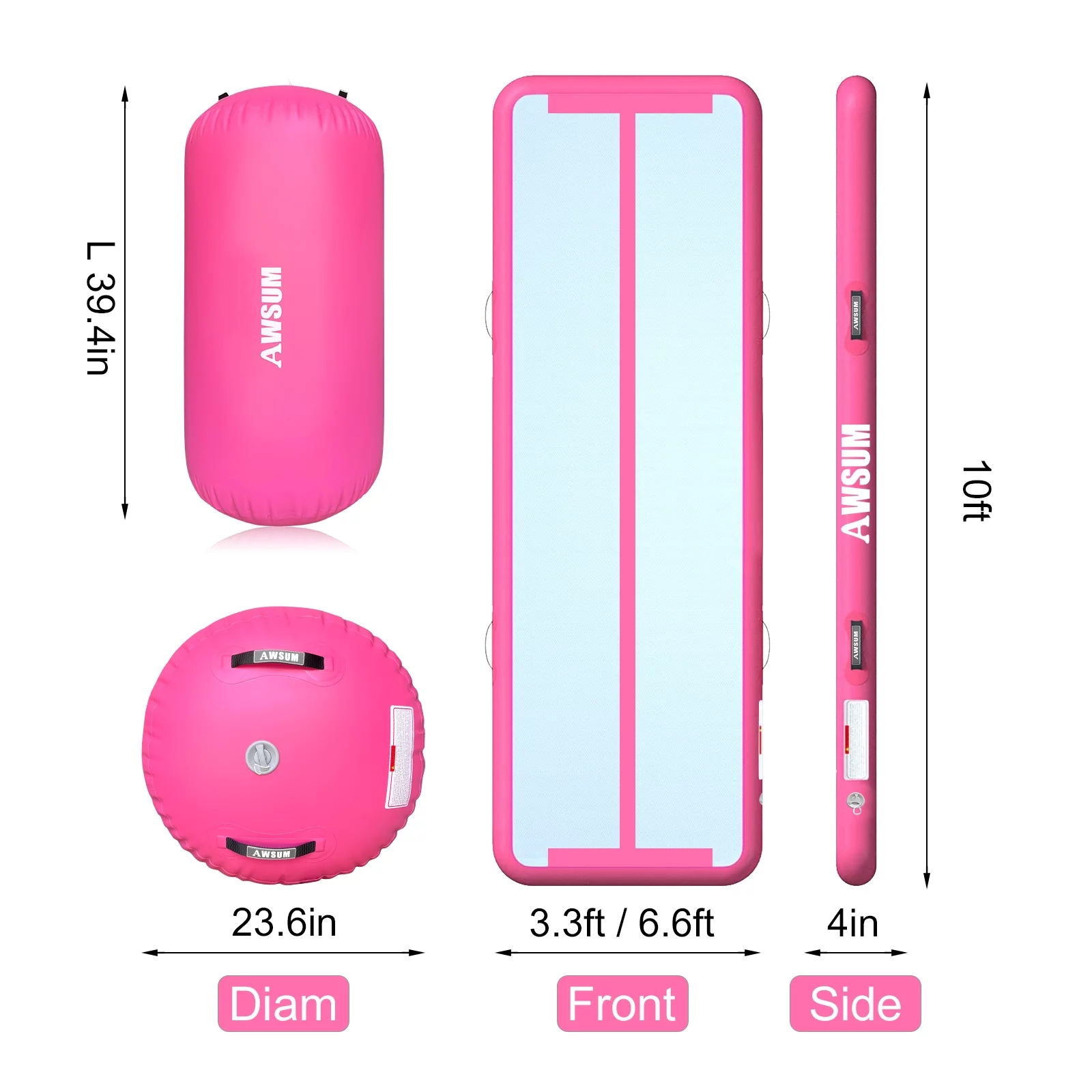 2025 Colchón de gimnasia inflable AWSUM – disponible en longitudes de 10. 13 o 16 pies. grosor de 4 pulgadas. pista de acrobacias con rodillo inflable y bomba eléctrica para casa o gimnasio