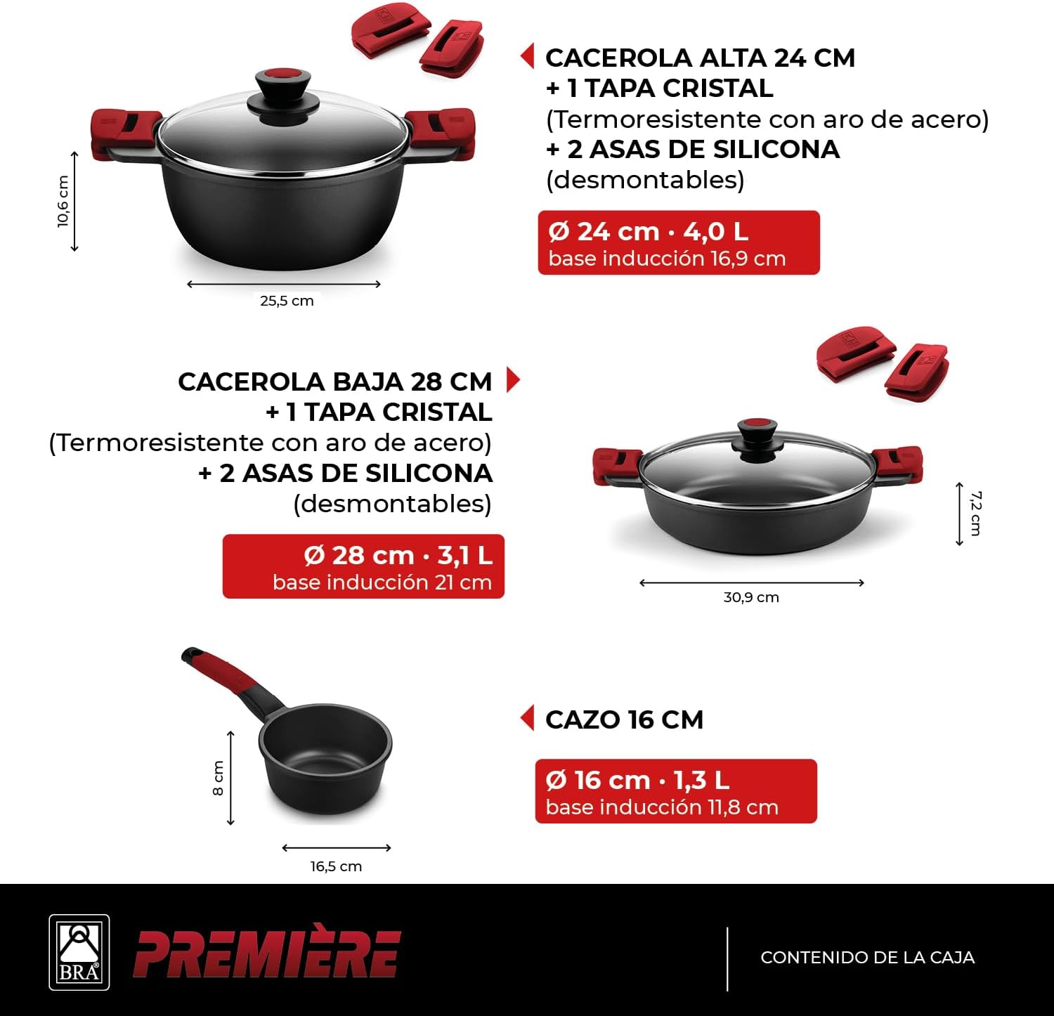 BRA Premiere Batería de Cocina de 9 Piezas en Aluminio Fundido Antiadherente, Incluye Asas Desmontables, Libre de PFOA, Apta para Todo Tipo de Cocinas y Horno