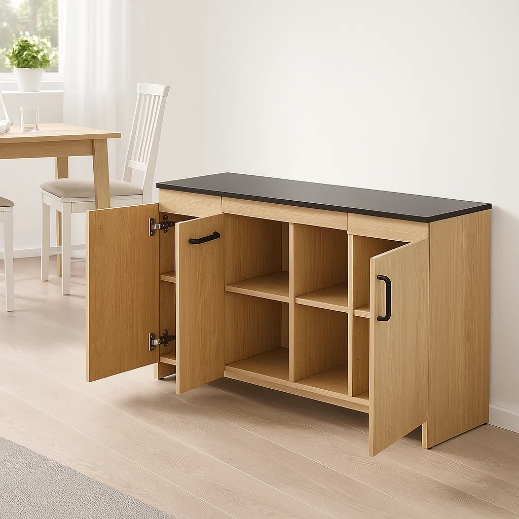 Isla cocina rectangular con compartimentos abiertos y puertas de MDF,color roble claro y encimera negra,sin ruedas,120x40x80 cm,para cocina funcional - 08oNX0ehy6dP