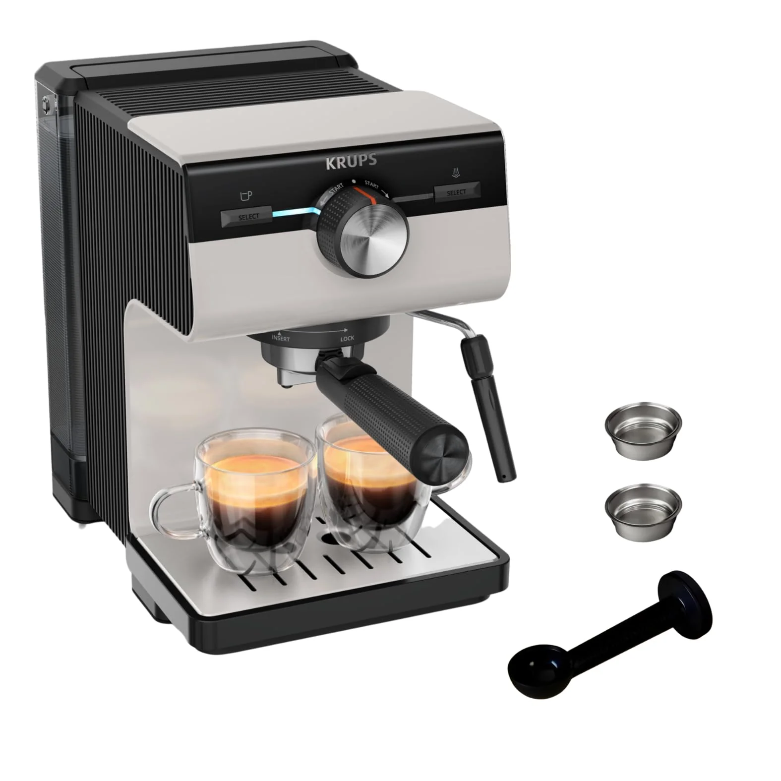 Krups Virtuoso Essential - Cafetera espresso 15 bar, acero inox negro, diseño compacto y elegante, parada automática, espresso y cappuccino, Thermoblock, boquilla de vapor, incluye cuchara, XP4418