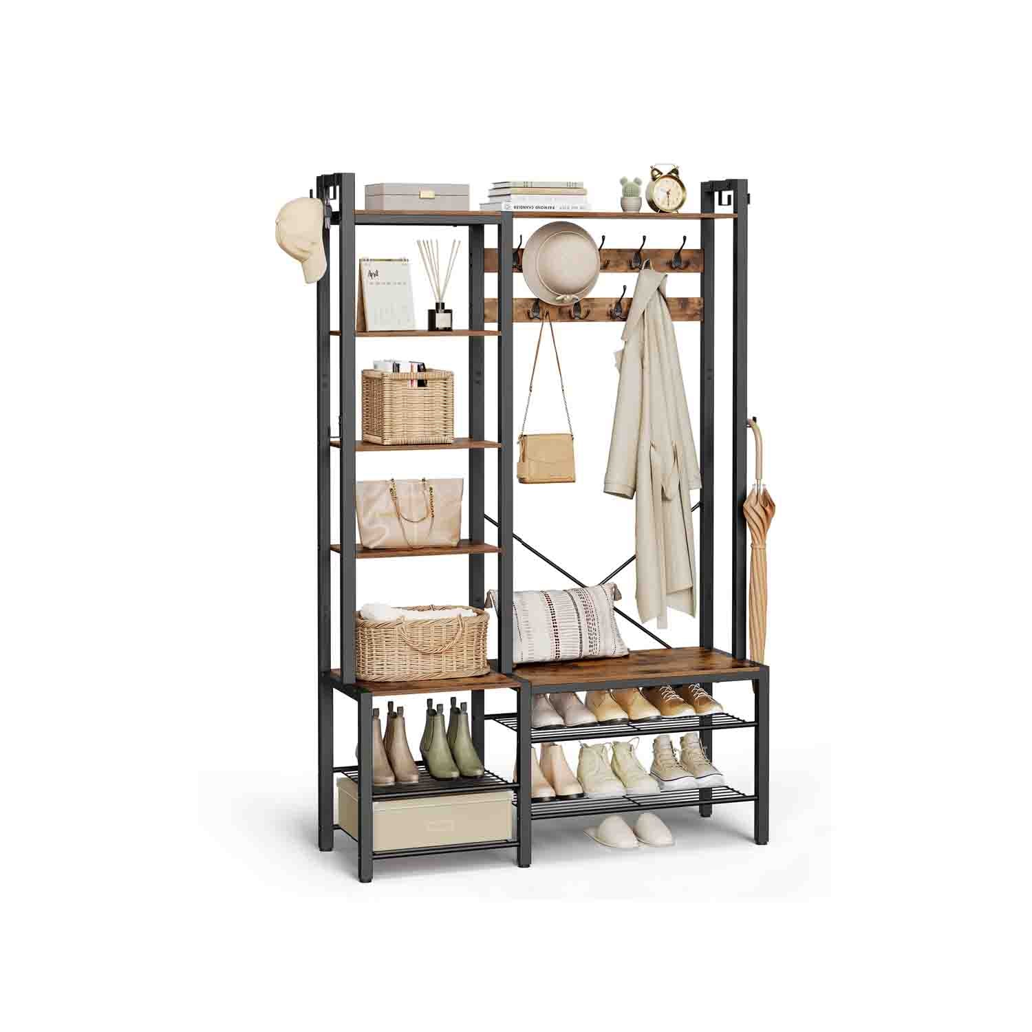 Perchero Recibidor con Banco Zapatero Gris Piedra y Negro Tinta