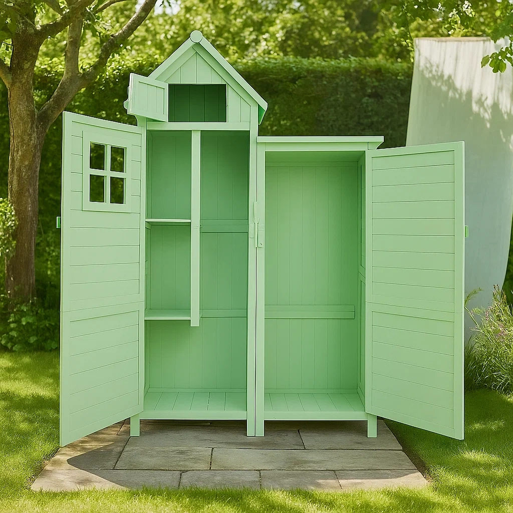 Caseta de jardín de madera con puertas dobles y tejado decorativo,Verde,1,68m² - WfVYRzv145Wq