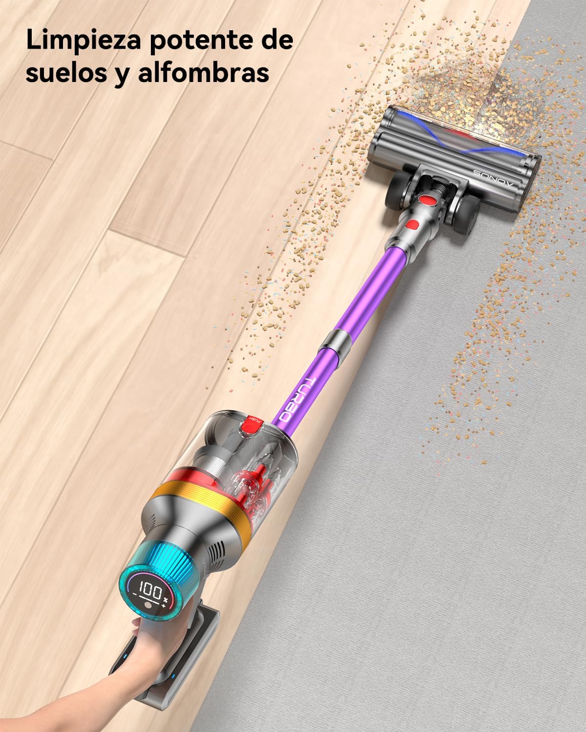 aonus A9 MAX Aspiradora sin Cable, 48Kpa/600W Aspiradora Escoba sin Cable Potente, Separación de Polvo de 1.8L con Doble Taza Mejorada, 70 Minutos de Larga Duración, Adecuada para Pisos/Alfombras/Pelo