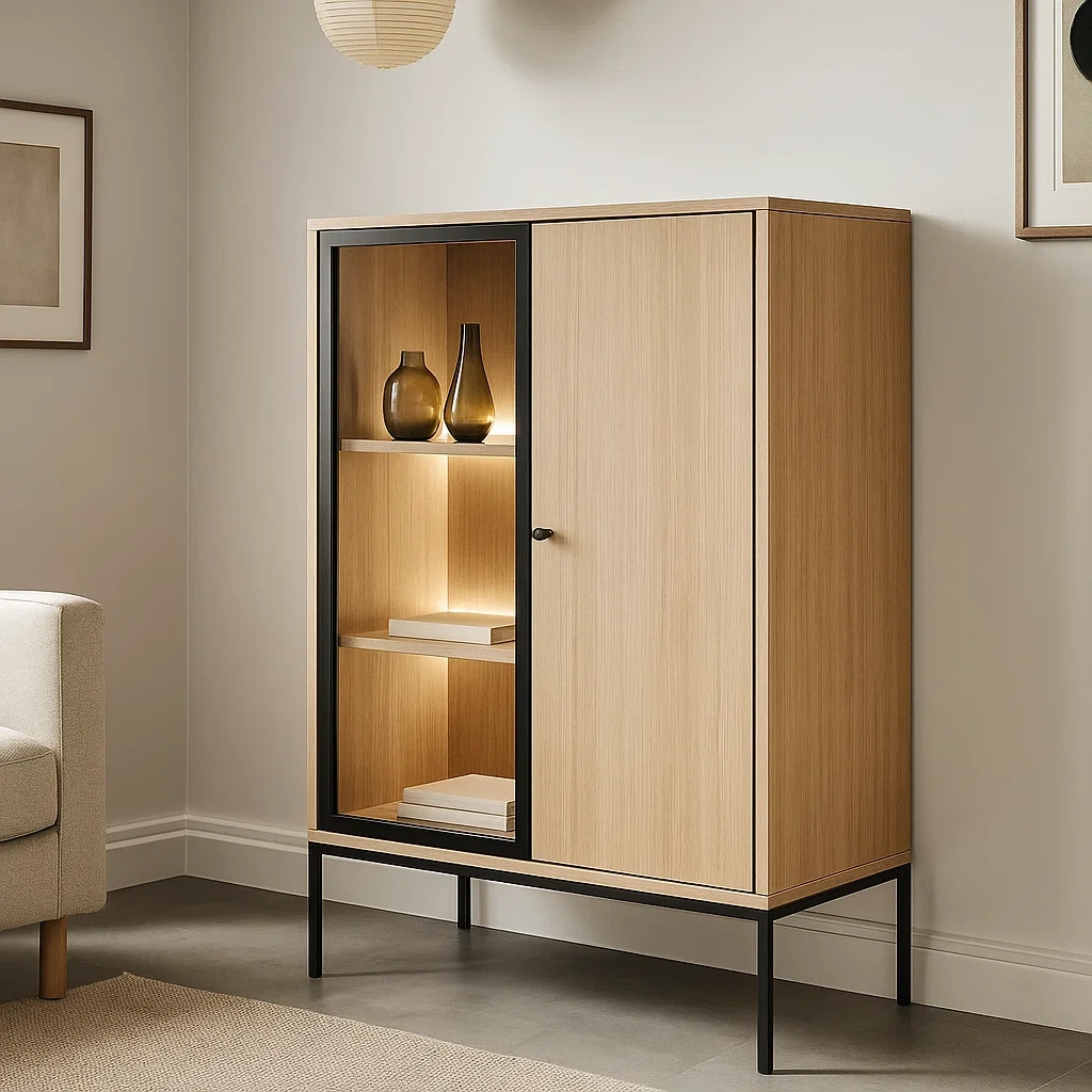 Vitrina con puertas de vidrio y madera 3 estantes MDF y metal color roble claro y negro de pie para salón u comedor,85x35x140 cm - 4D6SaRu38Mfa