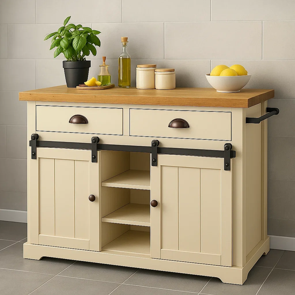 Isla cocina,rectangular de madera MDF,color crema,con encimera de madera,con 2 cajones,puertas correderas y estantes centrales,dimensiones de 110 cm largo,45 cm ancho,90 cm alto,para cocina doméstica - pdHLcFwdvYzS