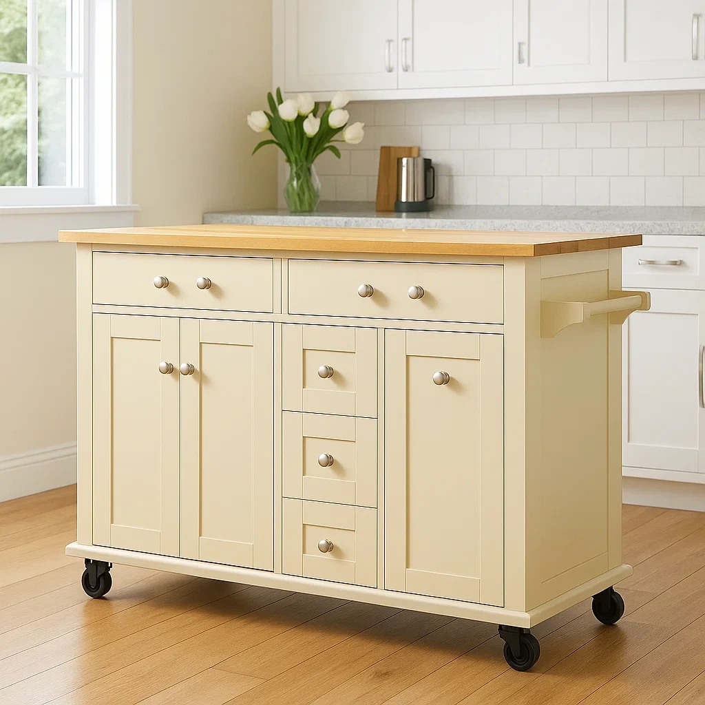 Isla cocina,carrito de cocina,con 3 puertas,5 cajones y estante,madera natural y beige,con ruedas,100x50x85 cm - cE9Flal36nKM