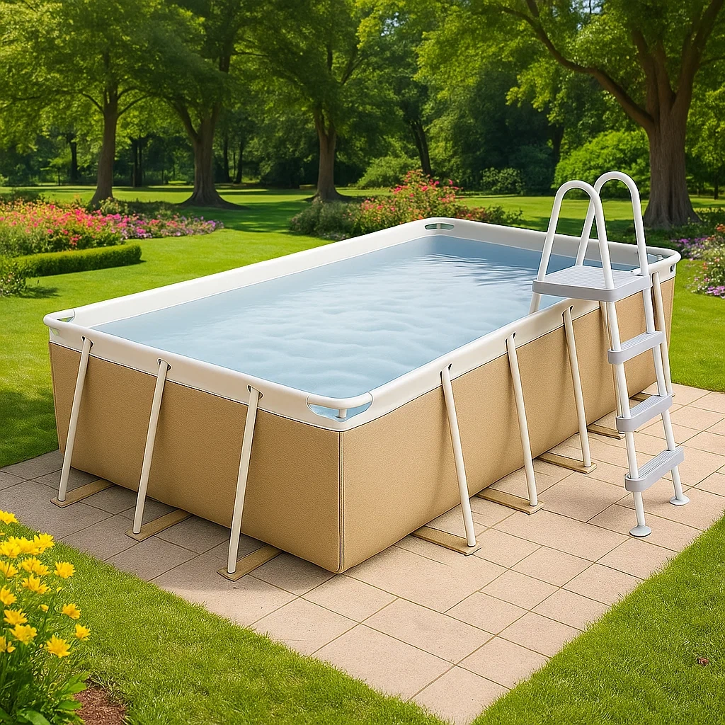 Piscina tubular rectangular 532x265x119 cm, color beige/blanco, con filtro y escalera jsEKkkB203Xn