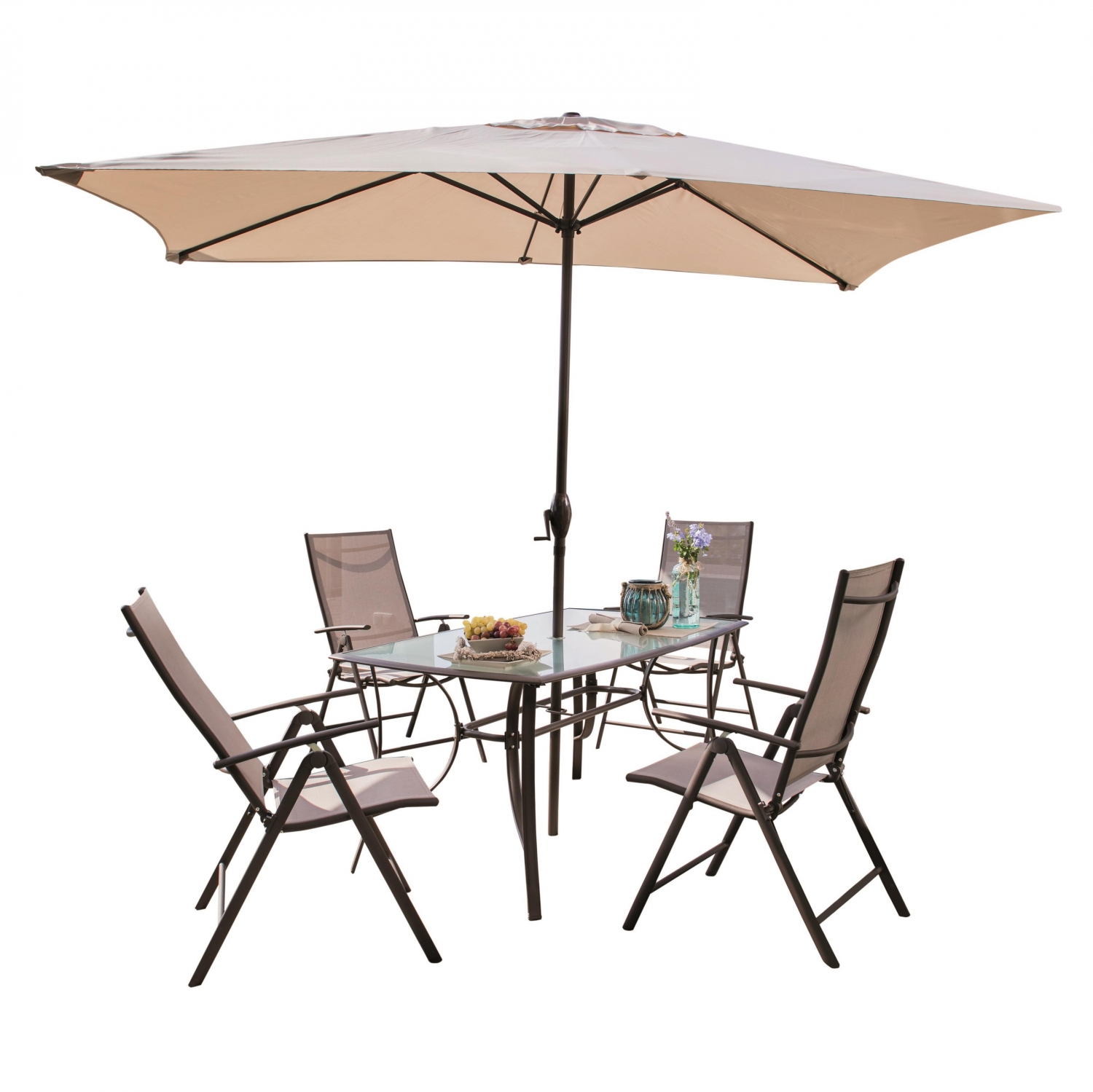 Conjunto de Jardín de Acero Mesa + 4 Sillones + 1 Parasol, Málaga