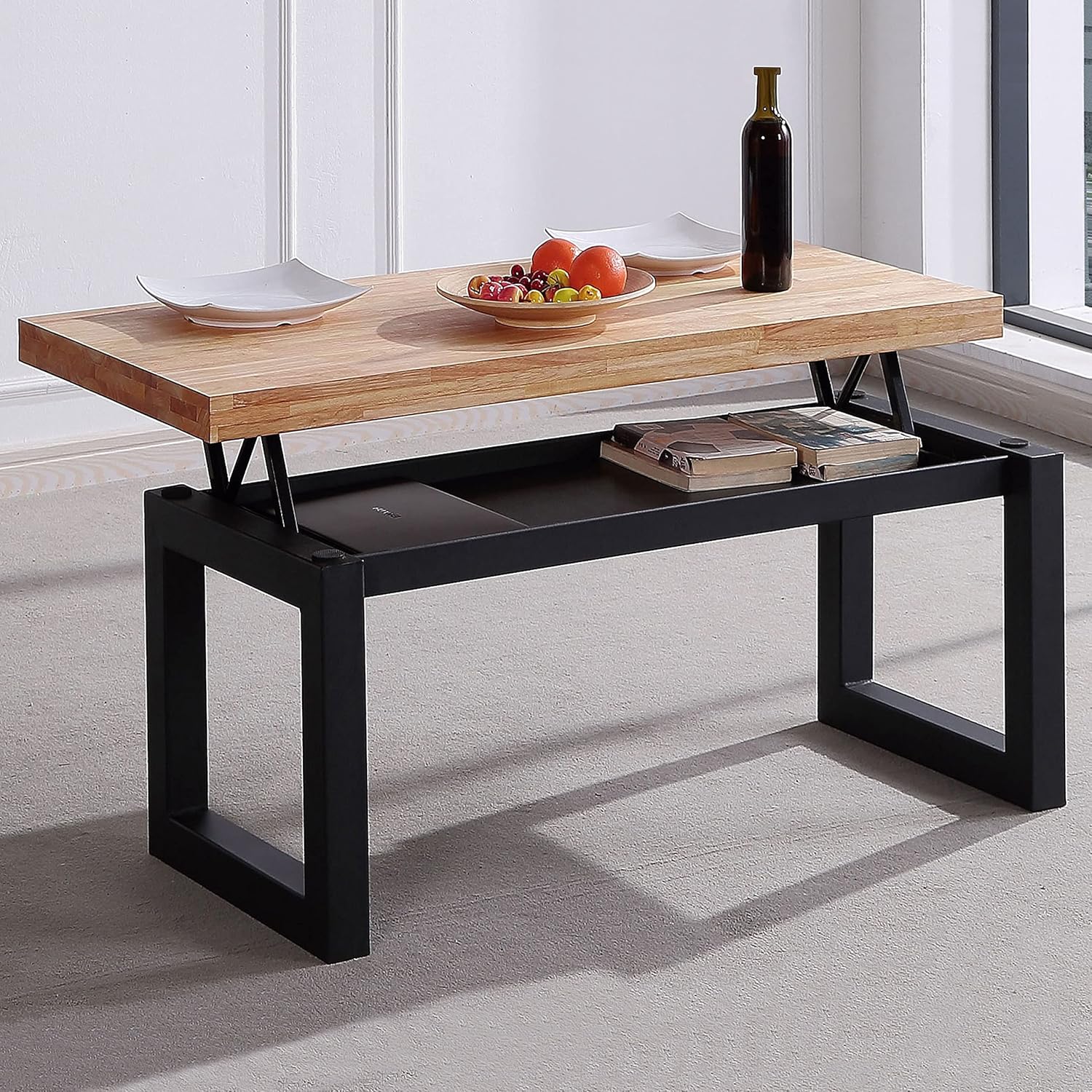 Duehome | Loft, Lifting Coffee Table, Dining Table, Oak and White Finish, Measures: 120 cm (L) x 60 cm (W) x 47.5/62 cm (H)