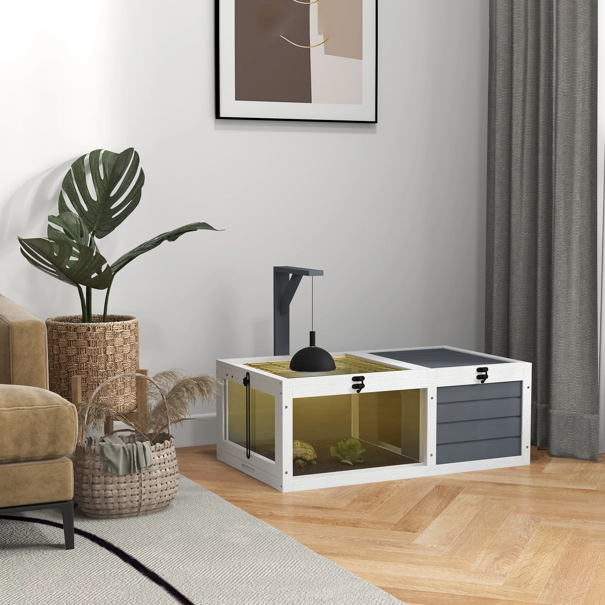 2025 Casa para tortugas PawHut con soporte para lámpara de madera. gris