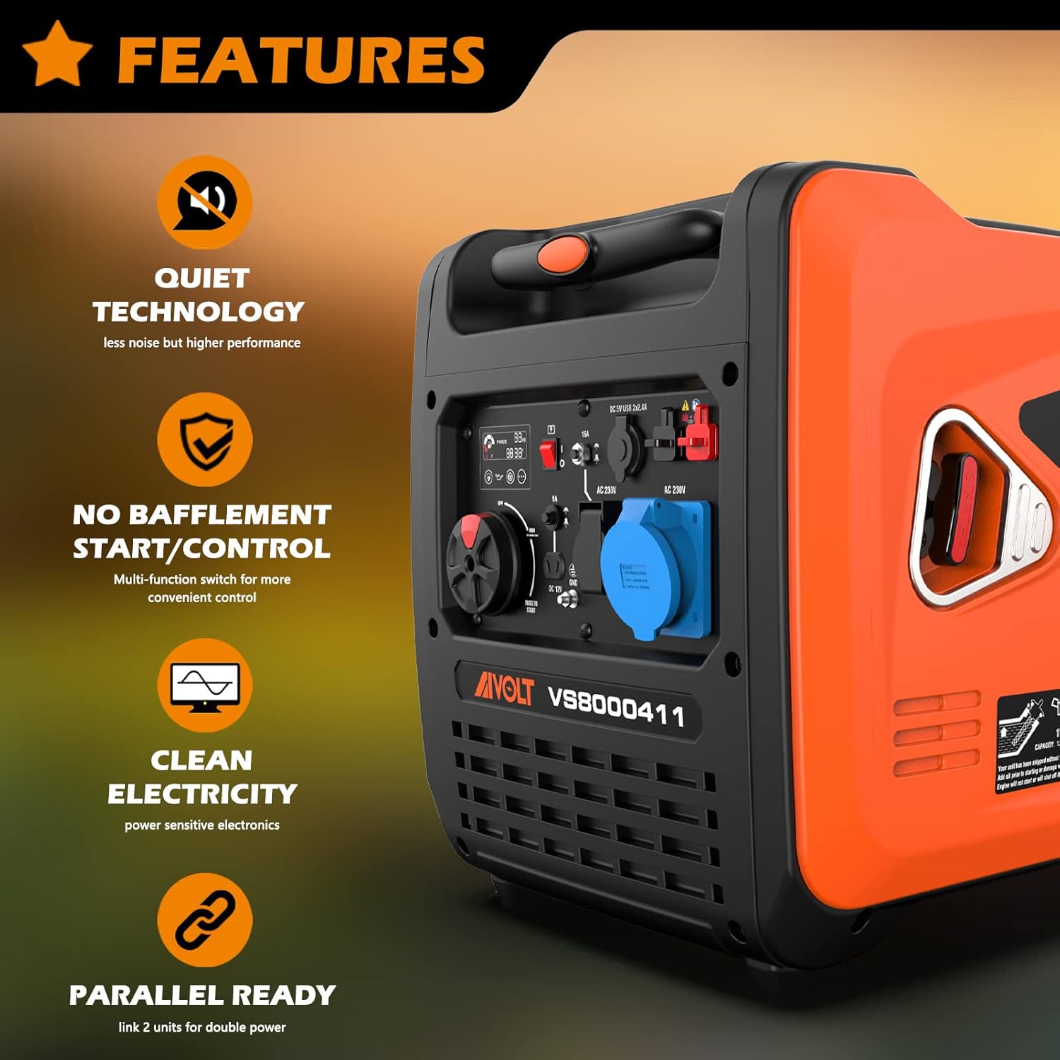 AIVOLT Silent Gasoline Inverter Generator 1400W with Outputs AC 230V/DC 12V/USB Type-A and Tank 2.5L - Portable for Outdoor Camping