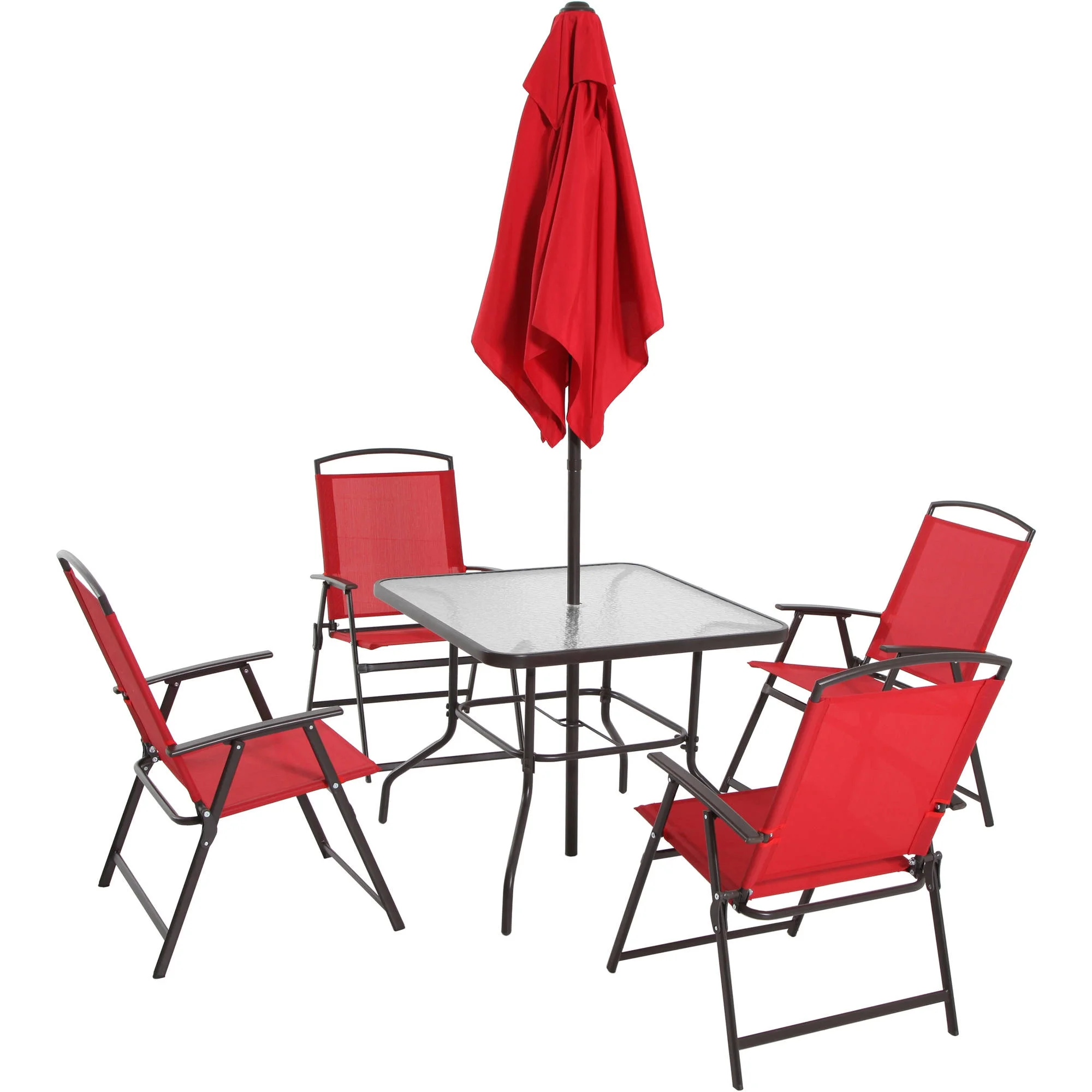 2025 Juego de comedor exterior Mainstays Albany Lane de 6 piezas con sombrilla. acero. rojo