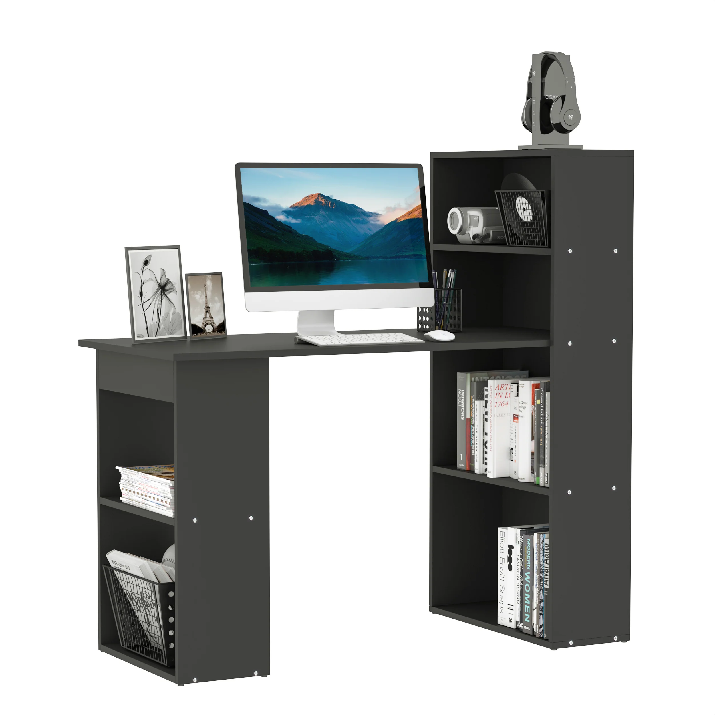 Escritorio de Ordenador Moderno de 120 cm con Estantería. Mesa de Estudio y Estación de Trabajo con 6 Estantes. Negro