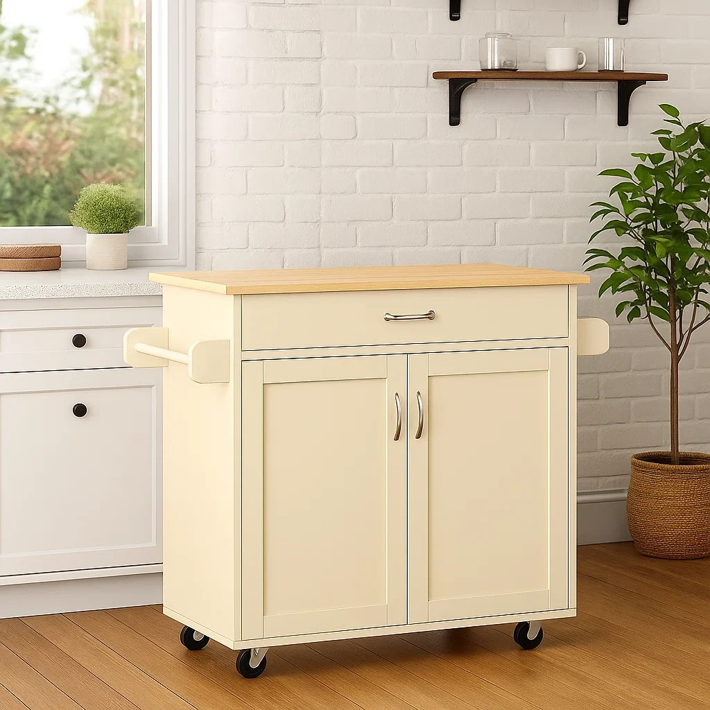 Isla cocina,diseño con ruedas,material madera y MDF,color crema,con 1 cajón y 2 puertas,tamaño 80x45x85 cm,uso para almacenamiento en cocina. - 8wKmCVsAyIYR