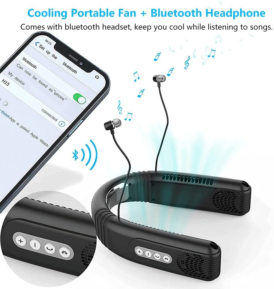 AQUYY Ventilador Silencioso de Cuello con Auriculares Inalámbricos Bluetooth, Recargable por USB, Sin Aspas, Mini Enfriador Portátil de Semiconductores con 3 Velocidades, Manos Libres, para Correr, Acampar, Viajar – Verde (para Mujeres y Hombres)