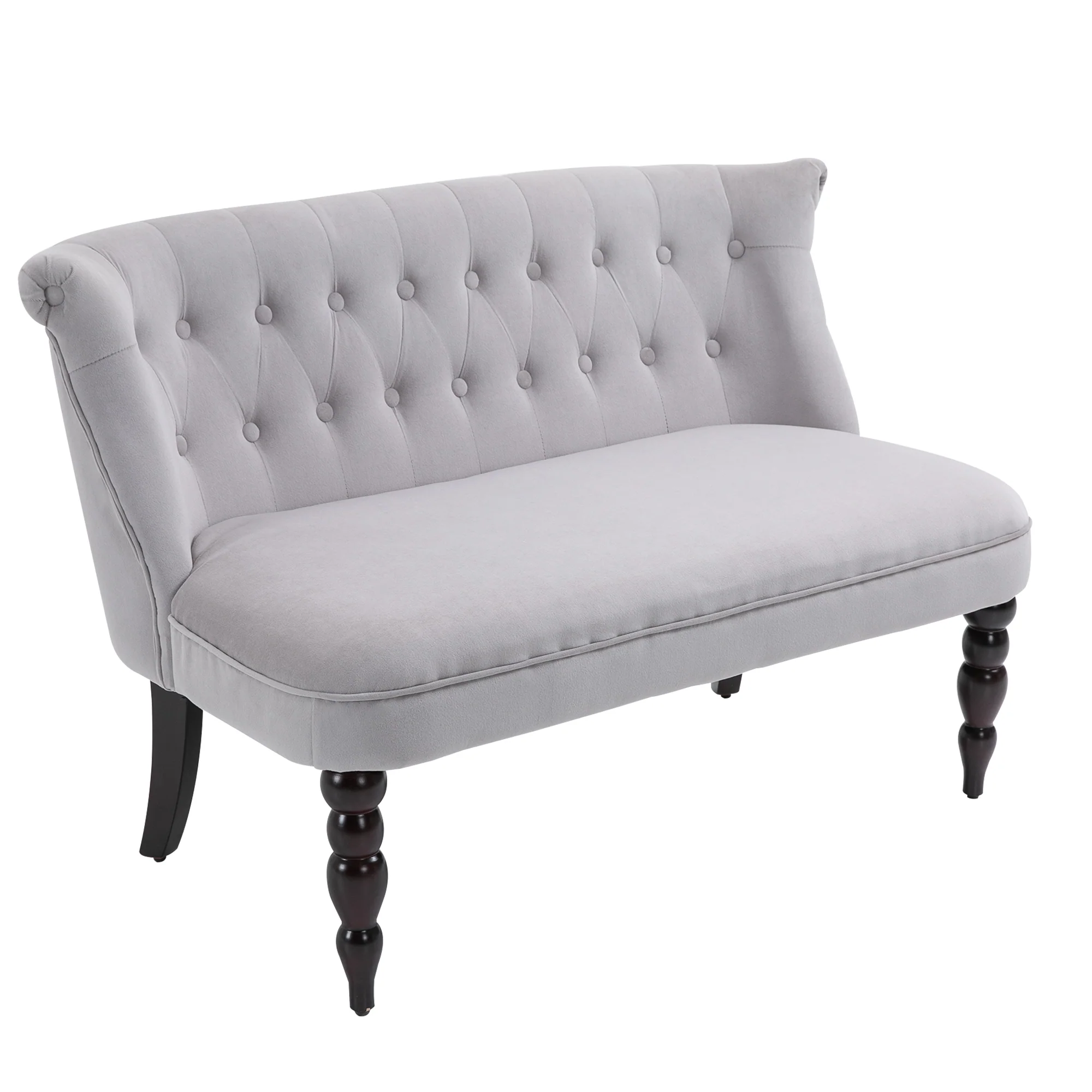 Sofá loveseat vintage, sillón capitoné con patas talladas y marco de madera, gris