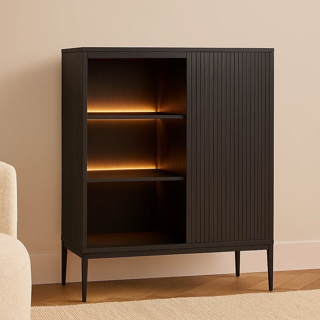 Vitrina con puerta de madera 3 estantes MDF con iluminación LED color marrón oscuro de pie para salón u comedor,90x35x130 cm - 3uSiOUXOHkMC