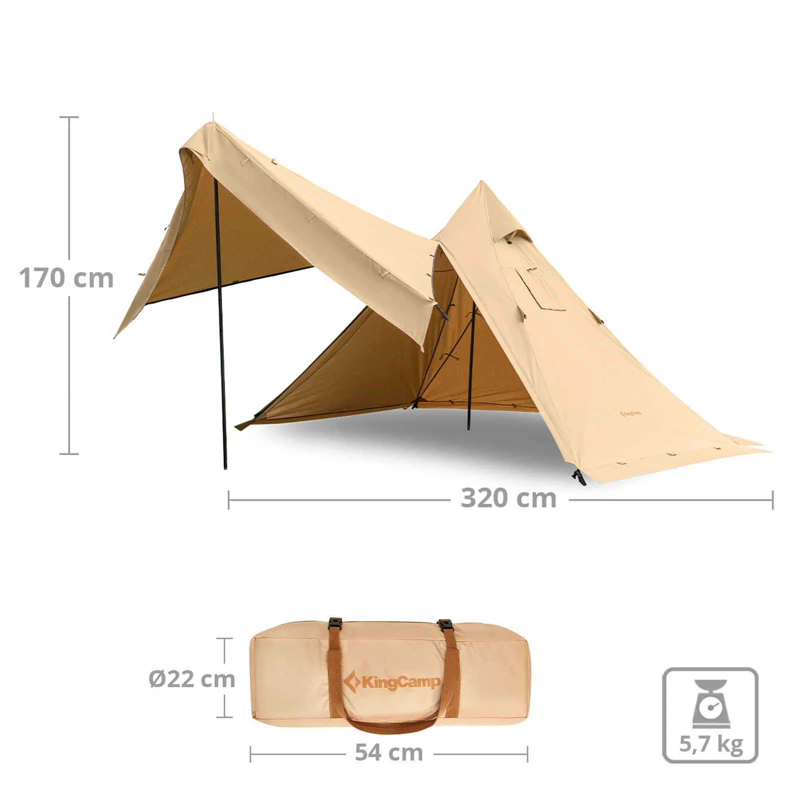 2025 KingCamp Torino 2 – Tienda espaciosa para 1-2 personas con estructura simple de un solo mástil. salida para chimenea. resistente al invierno. repelente al agua y compacta
