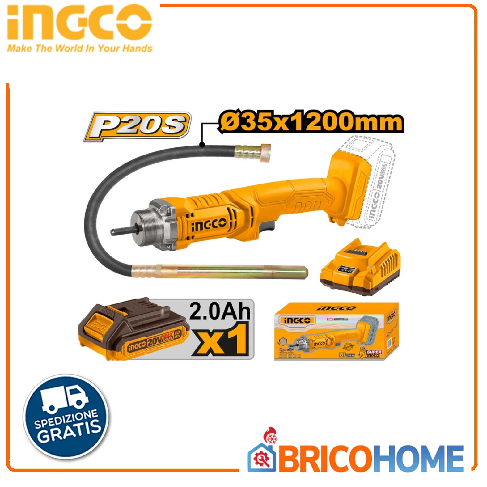 2025 Vibrador de concreto inalámbrico 20 V con 2 baterías y cargador INGCO