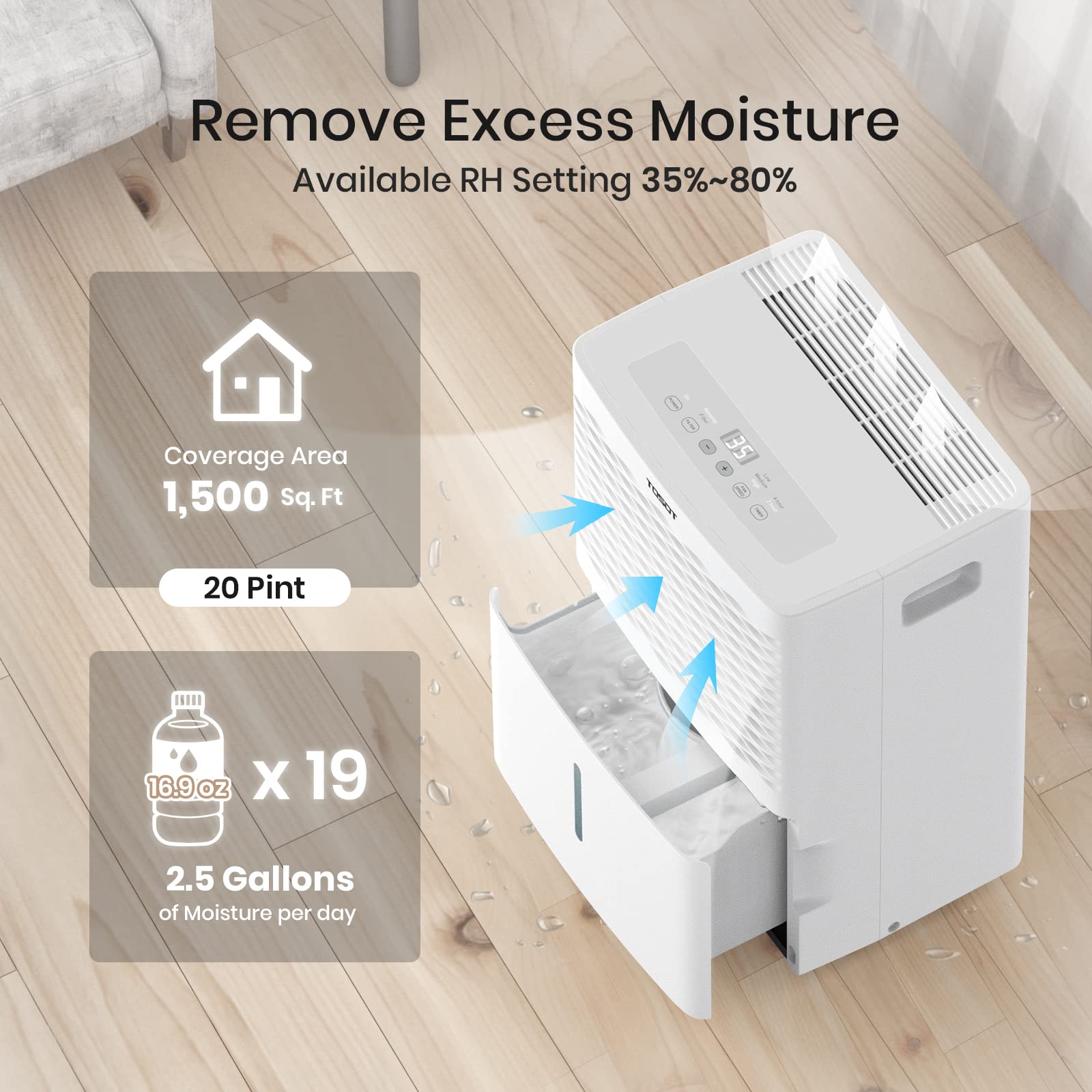 TOSOT Deshumidificador de 20 Pintas para 1,500 Pies Cuadrados Certificado por Energy Star – Para el Hogar, Sótano, Dormitorio o Baño – Súper Silencioso (Anteriormente 30 Pintas)